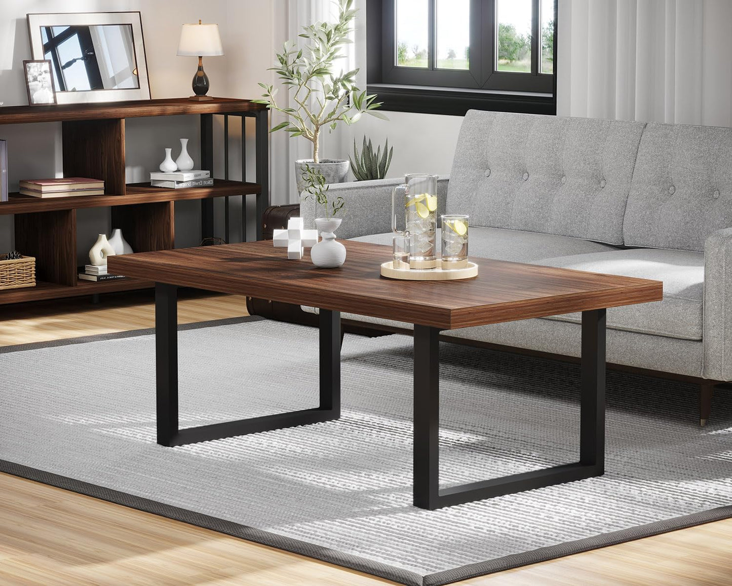 IBF Rustic Coffee Table, Industrial Simple Wooden Living Room Table, Modern Minimalist Farmhouse Rectangle Center Table, Wood and Metal Vintage Tea Coffee Table for Home Bedroom, Rustic Brown, 39 Inch — Walnut / 39 inch