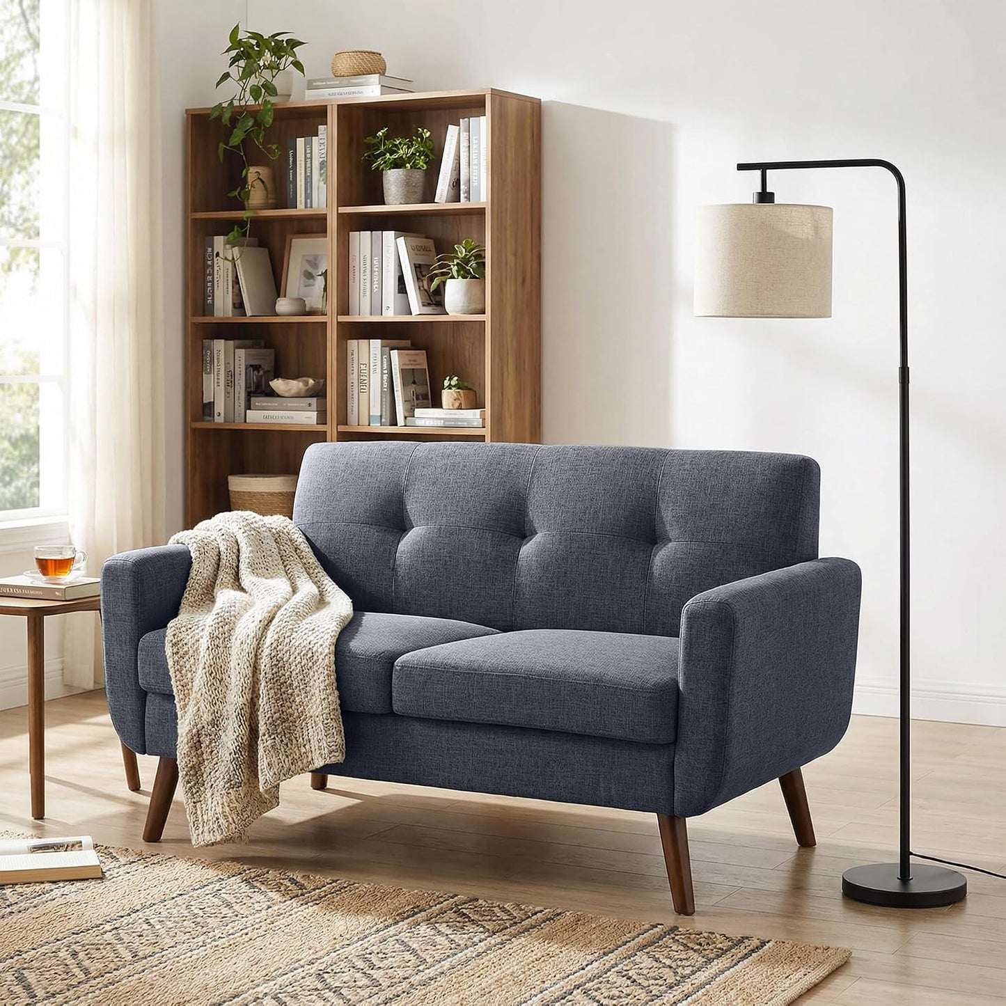 Tbfit Linen Fabric Single Sofa, Accent Chair, Mid Century Modern Armchair for Living Room, Bedroom Button Tufted Upholstered Comfy Reading Sofas, Beige — 56.7 inch / Blue Grey