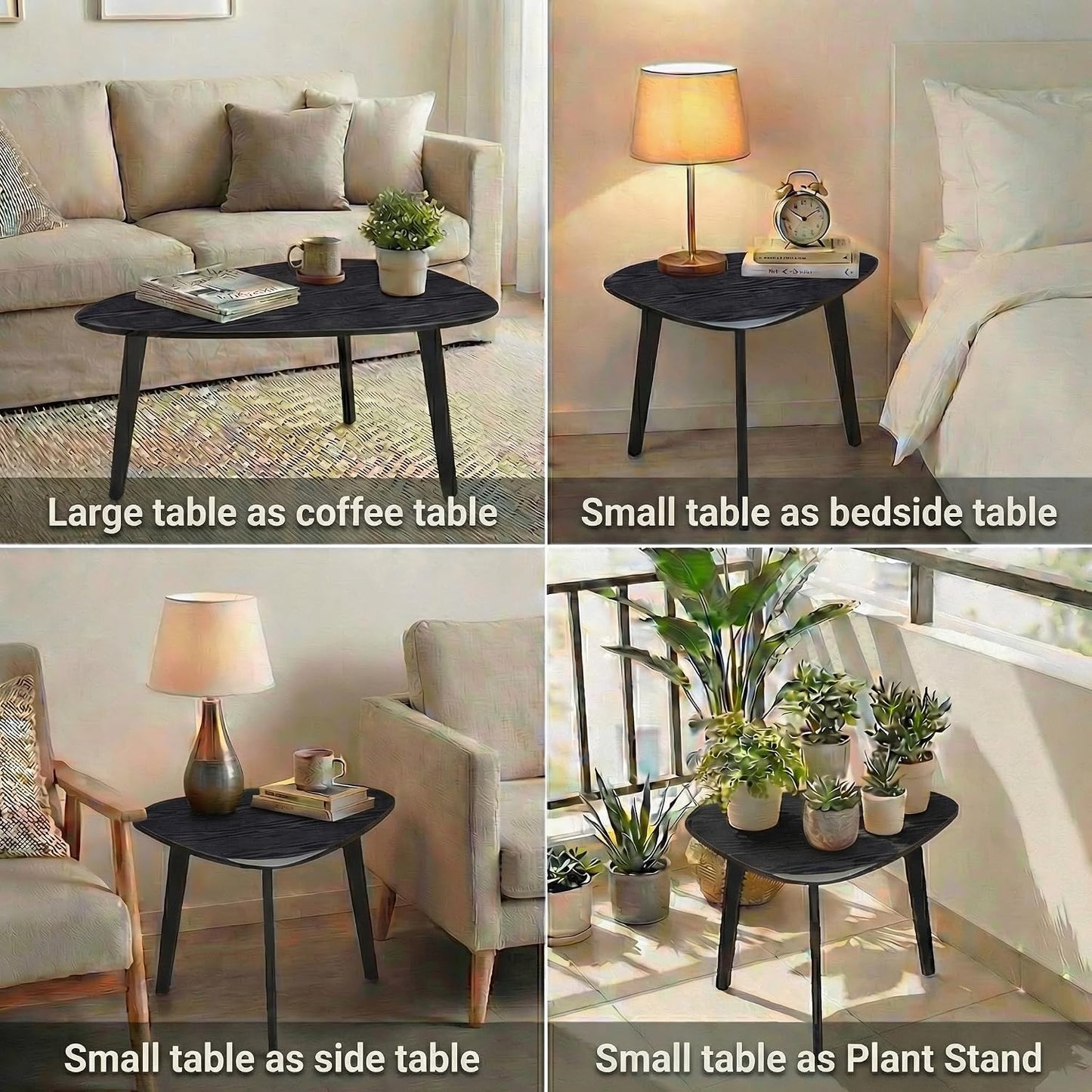 Nesting Coffee Table Set of 2-Mid Century Modern Coffee Table | Guitar Pick Stacking Tables with Solid Wood Legs,Small Coffee Tables for Small spaces,Living Room,Balcony — Black (9)