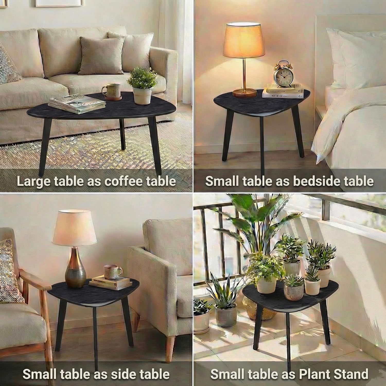 Nesting Coffee Table Set of 2-Mid Century Modern Coffee Table | Guitar Pick Stacking Tables with Solid Wood Legs,Small Coffee Tables for Small spaces,Living Room,Balcony — Black (9)