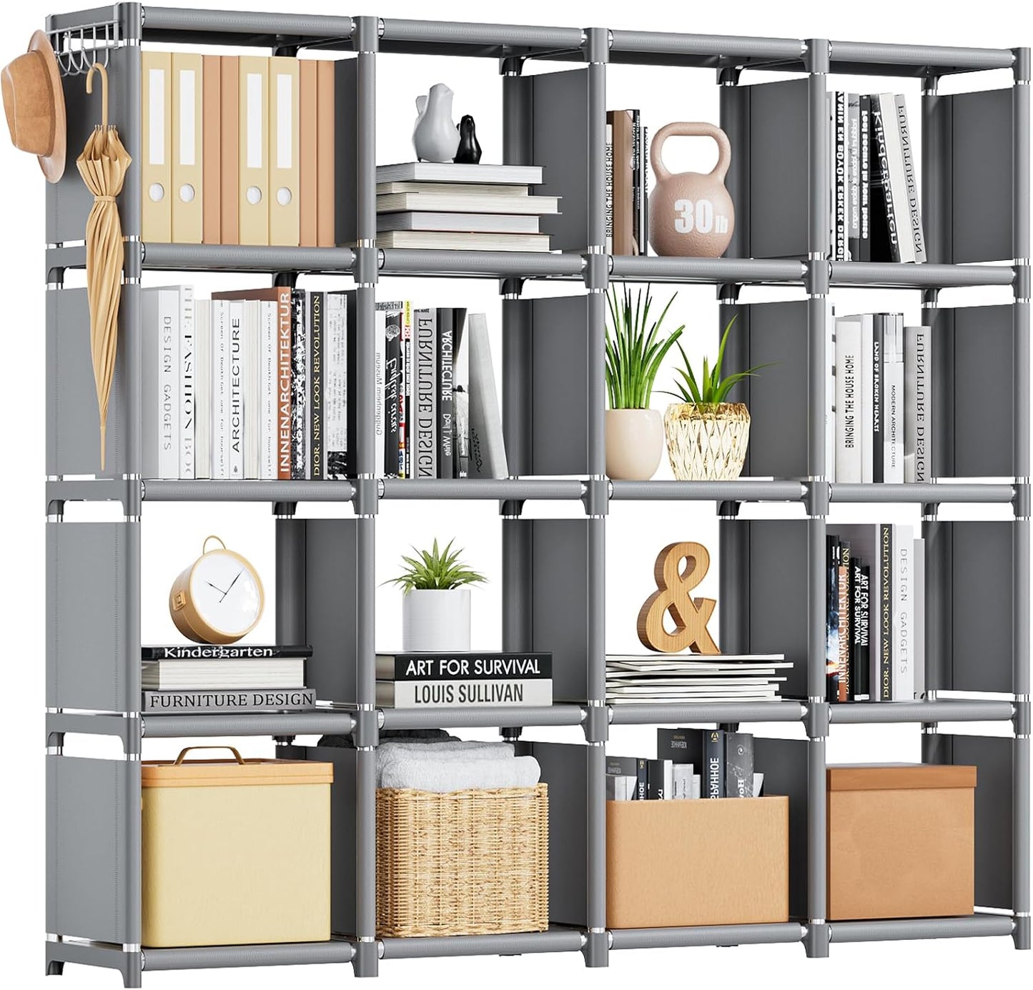 Mavivegue Bookcase, 18-Cube Extra Large Book Shelf, DIY Cube Storage Organizer for Bedroom, Living Room, Home Office - Black — Grey / 16-Grid