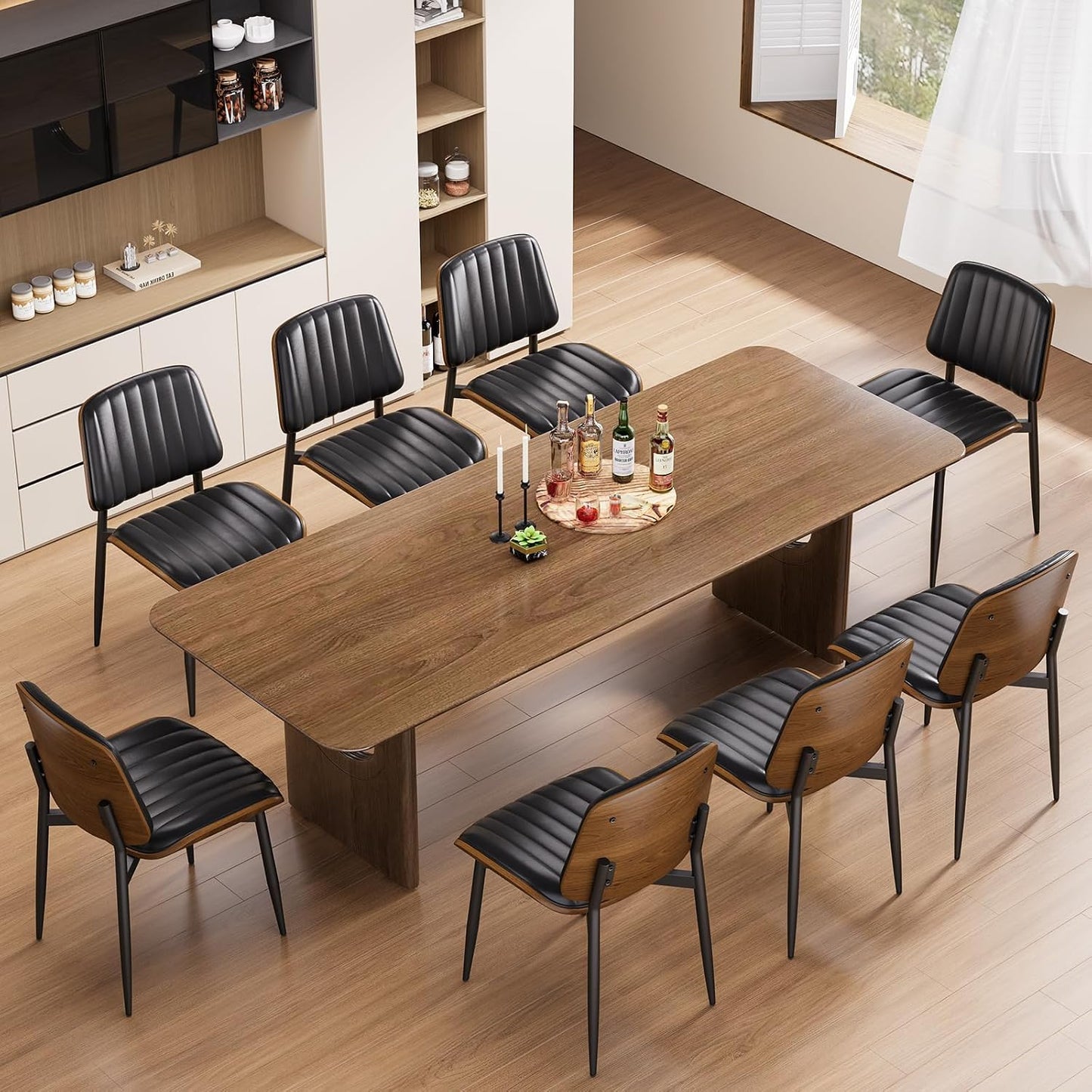YaFiti Mid Century Dining Chairs Set of 4 with Walnut Bentwood, Greige | Ergonomic Walnut Backrest, Upholstered Waterproof PU Leather Seat, Stable Metal Legs, Adjustable Footpads, Apartment Friendly — Black Pinstripe / 8