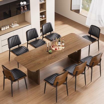 YaFiti Mid Century Dining Chairs Set of 4 with Walnut Bentwood, Greige | Ergonomic Walnut Backrest, Upholstered Waterproof PU Leather Seat, Stable Metal Legs, Adjustable Footpads, Apartment Friendly — Black Pinstripe / 8