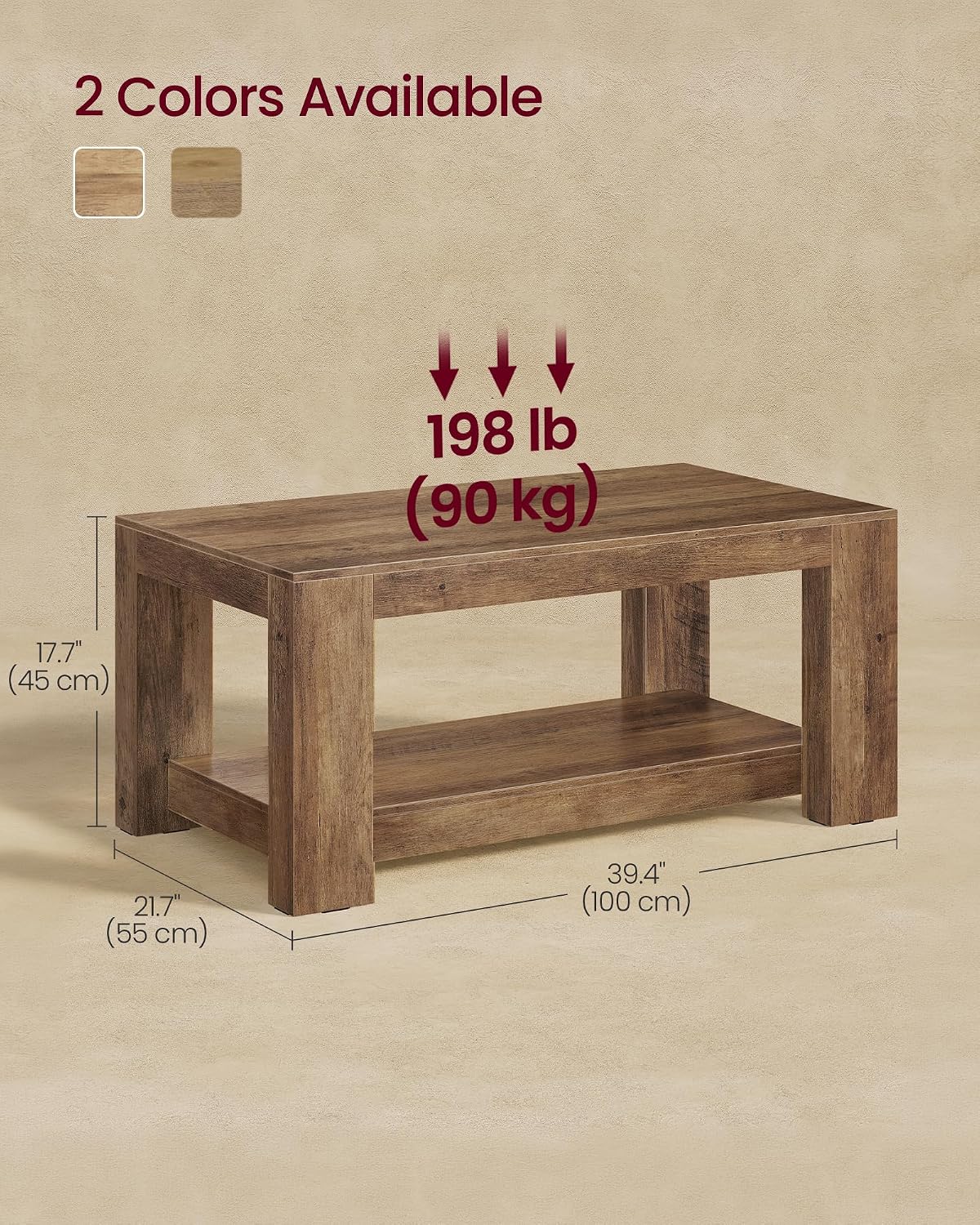 VASAGLE Coffee Table, 2-Tier Center Table with Rustic Charm and Clean Lines, Farmhouse Style, for Living Room, 21.7 x 39.4 x 17.7 in, Honey Brown, Koni Collection ULCT270K101 — Honey Brown (3)