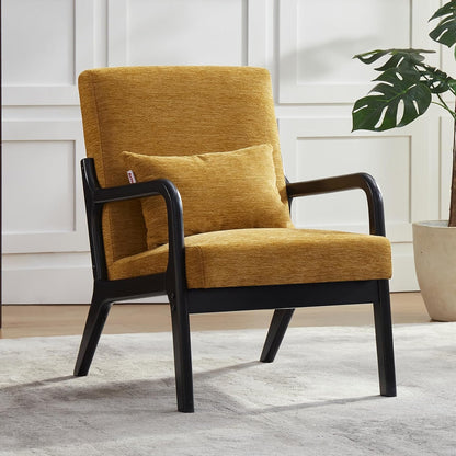 Achicsofar Accent Chair Mid Century Modern Armchair with Lumbar Support Pillow Wood Legs PU Leather Upholstered Lounge Chairs Comfy High Back Cushion for Living Room Bedroom — Chenille Yellow / Large Size
