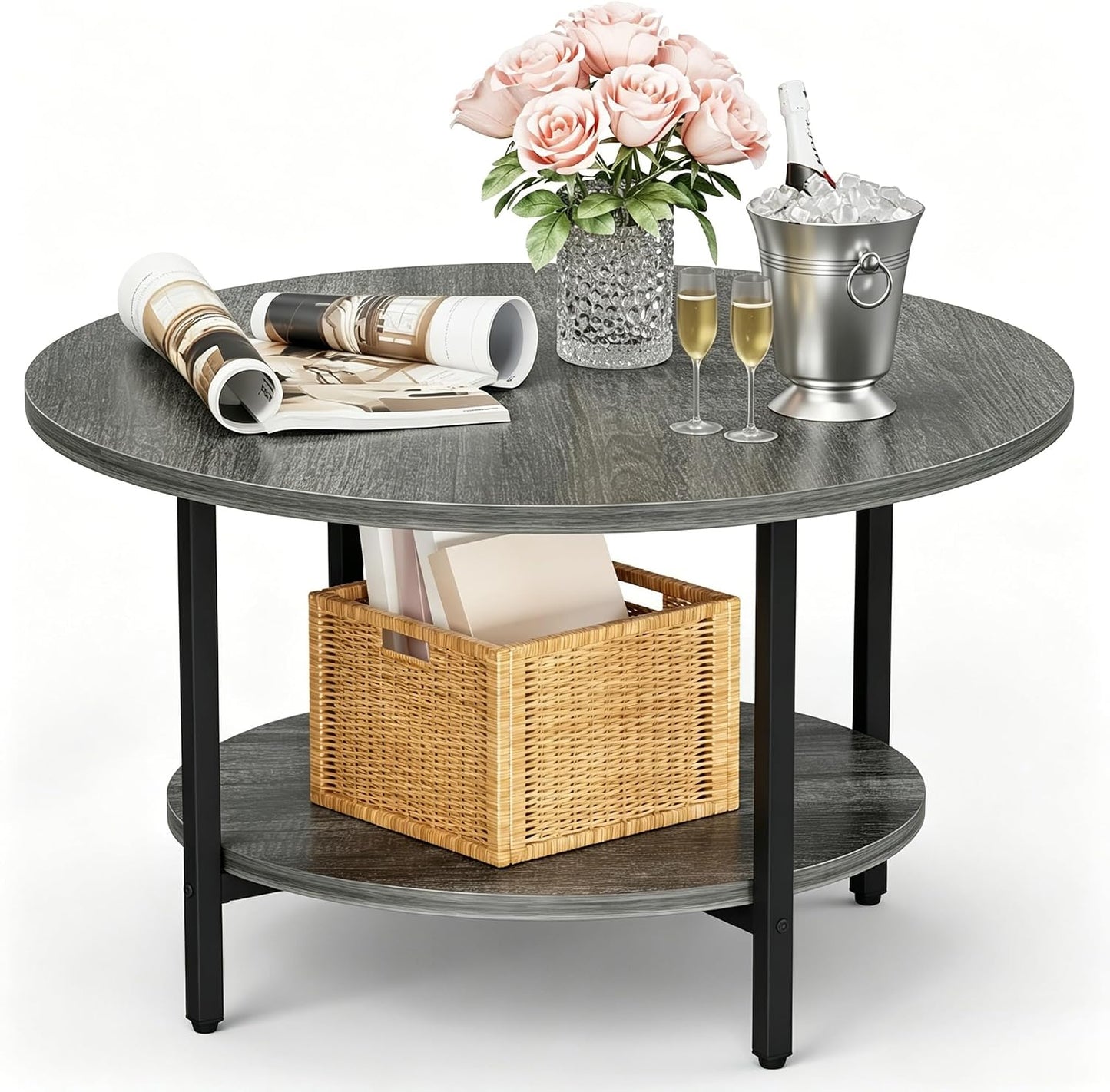 FAMIDGE Coffee Table, 23.6" Coffee Tables for Living Room, Round Coffee Table with Metal Frame, Floor Table for Sitting on The Floor, Home, Office, Black — Style1 Oak Gray(27.6dx17.7h) / 2 Tier
