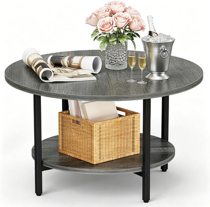 FAMIDGE Coffee Table, 23.6" Coffee Tables for Living Room, Round Coffee Table with Metal Frame, Floor Table for Sitting on The Floor, Home, Office, Black — Style1 Oak Gray(27.6dx17.7h) / 2 Tier