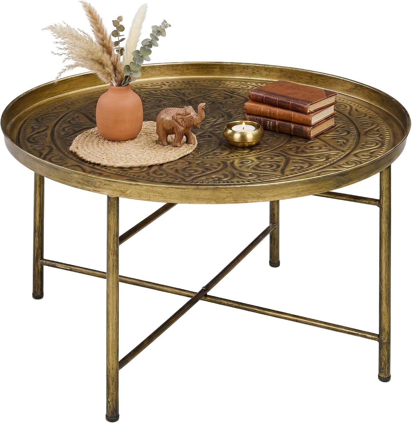 HOMCOM 24" Round Coffee Table with Hammered Tray Top, Vintage Metal Center Table for Living Room, Bedroom, Side Table, Gold — Gold