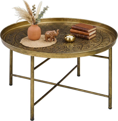 HOMCOM 24" Round Coffee Table with Hammered Tray Top, Vintage Metal Center Table for Living Room, Bedroom, Side Table, Gold — Gold