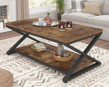 HSH Wood Coffee Table with Storage, Farmhouse Rustic Brown Coffee Table for Living Room, Modern Minimalist 2 Tier Center Table, Simple Rectangle Cocktail Tea Table in Home Office Bedroom, 39 Inch — 39 Inch / Rustic Brown (3)