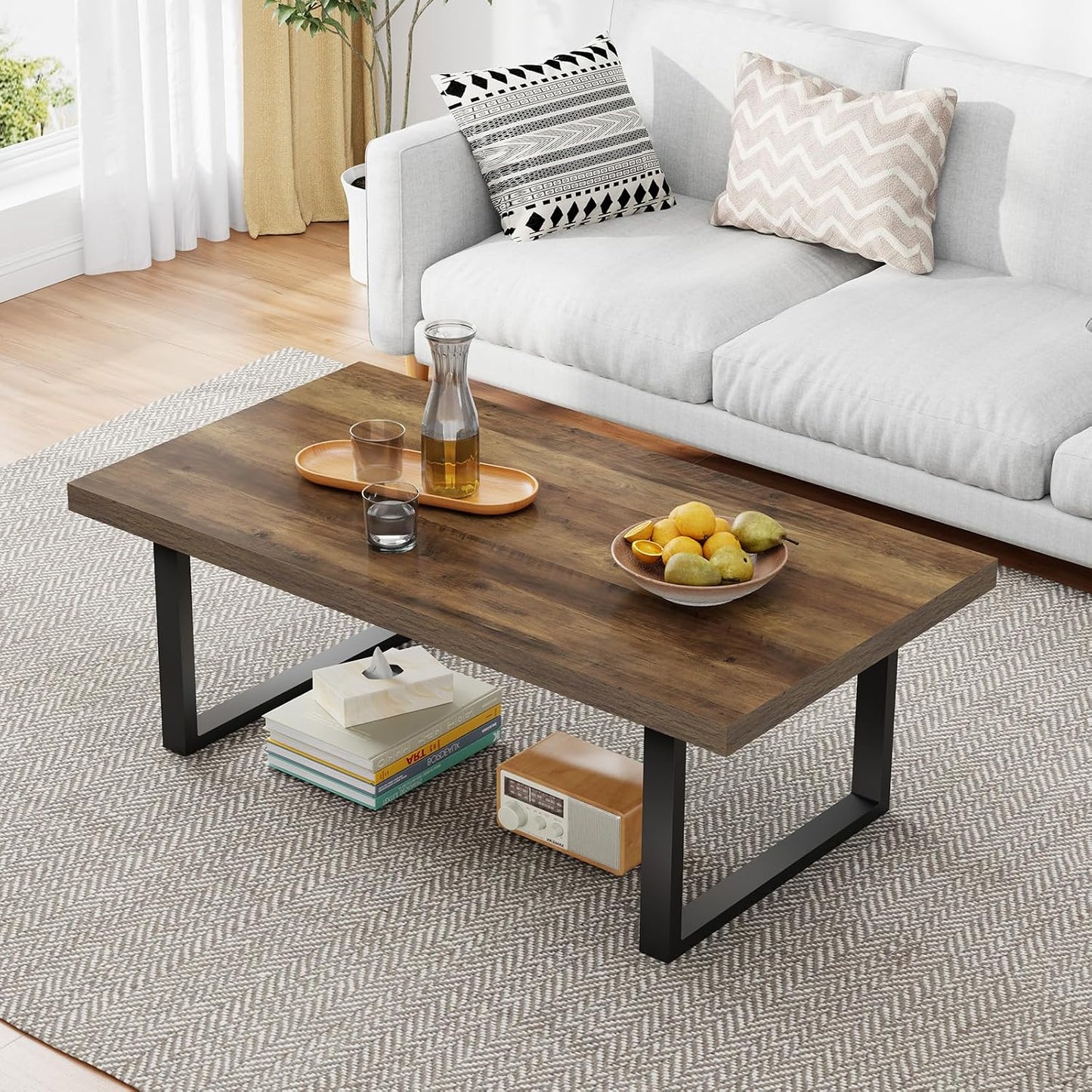IBF Rustic Coffee Table, Industrial Simple Wooden Living Room Table, Modern Minimalist Farmhouse Rectangle Center Table, Wood and Metal Vintage Tea Coffee Table for Home Bedroom, Rustic Brown, 39 Inch — Rustic Oak / 39 inch