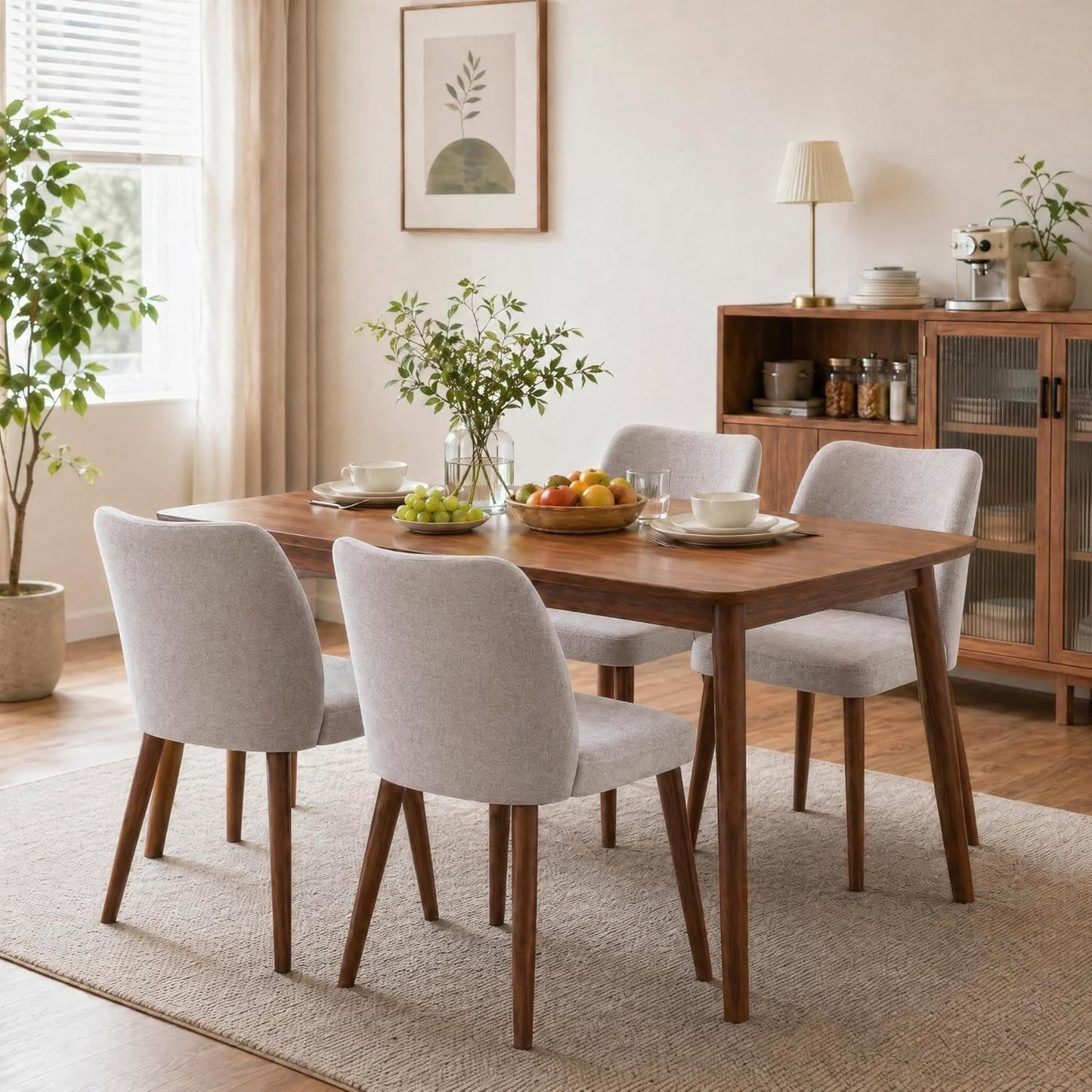 GarveeHome Wooden Dining Chair Set of 4 Upholstered Fabric Dining Chair | Modern Kitchen Chairs with Curved Backrest Leveling Feet for Dining Room, Living Room, , No tool assembly, No Wobble, White — Light Grey