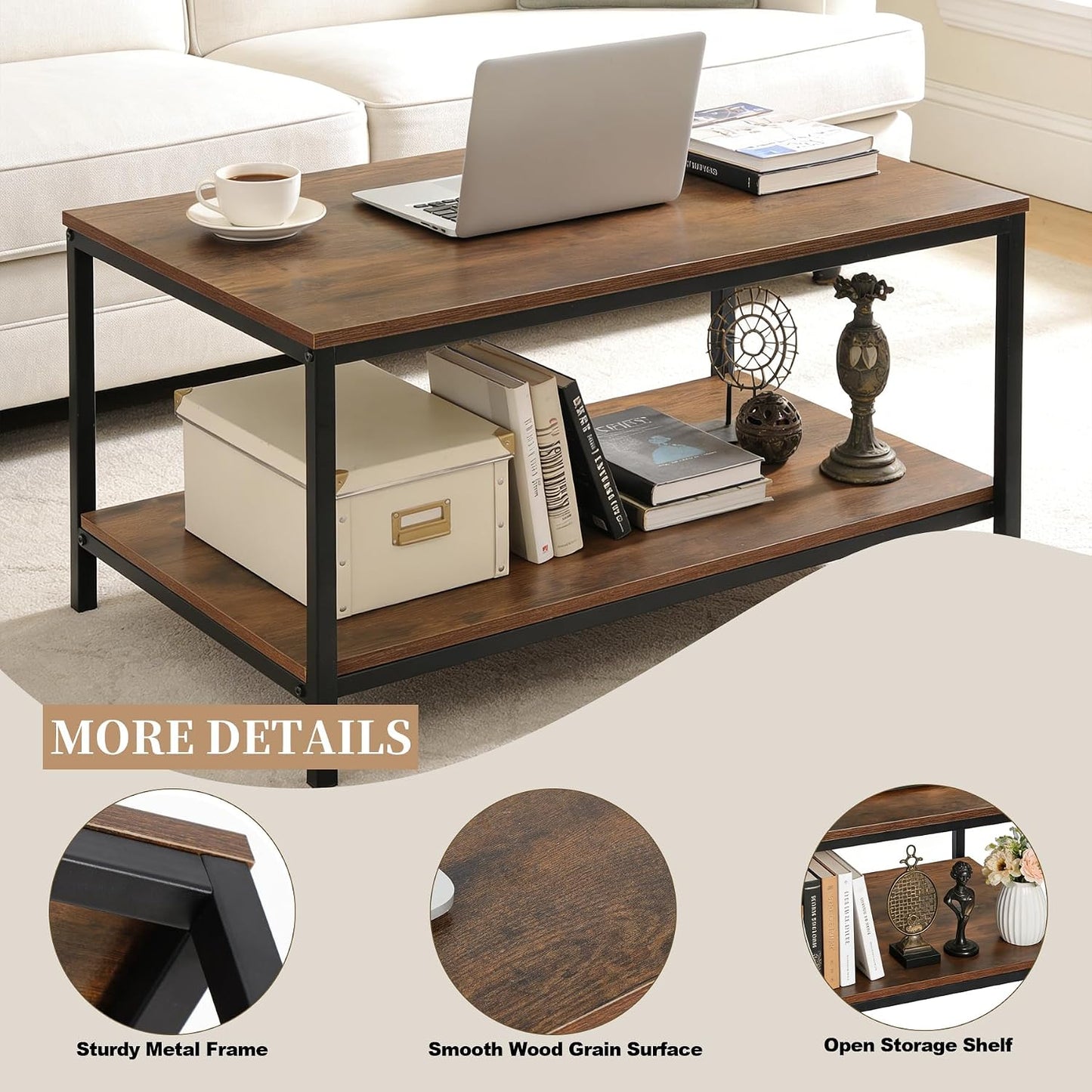 SUPER DEAL 2-Tier Industrial Coffee Table with Storage Shelf for Small Apartment Living Room, Rectangle Wood and Stable Metal TV Stand Side End Table, Rustic Brown — Rustic Brown / 31.5in (4)