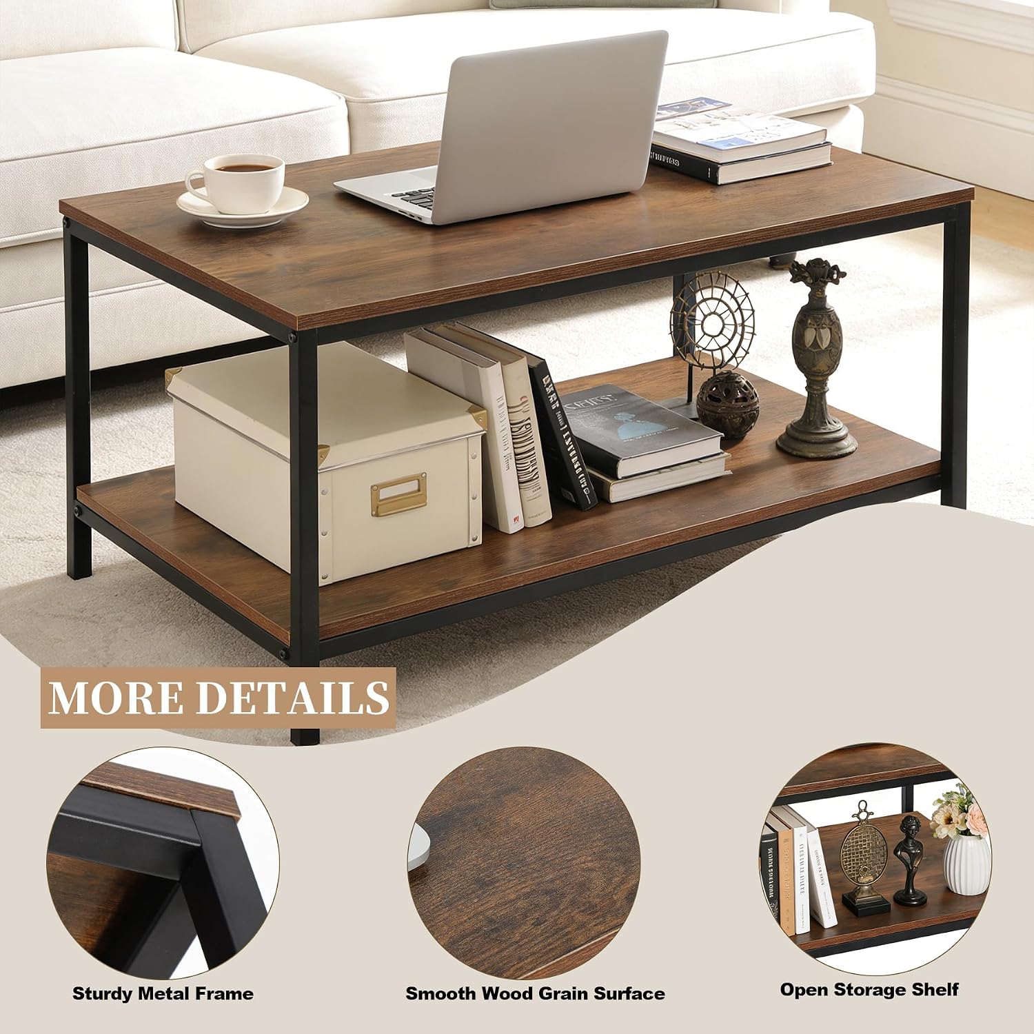 SUPER DEAL 2-Tier Industrial Coffee Table with Storage Shelf for Small Apartment Living Room, Rectangle Wood and Stable Metal TV Stand Side End Table, Rustic Brown — Rustic Brown / 31.5in (4)