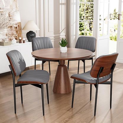 YaFiti Mid Century Dining Chairs Set of 4 with Walnut Bentwood, Greige | Ergonomic Walnut Backrest, Upholstered Waterproof PU Leather Seat, Stable Metal Legs, Adjustable Footpads, Apartment Friendly — Gray Scallop / 4