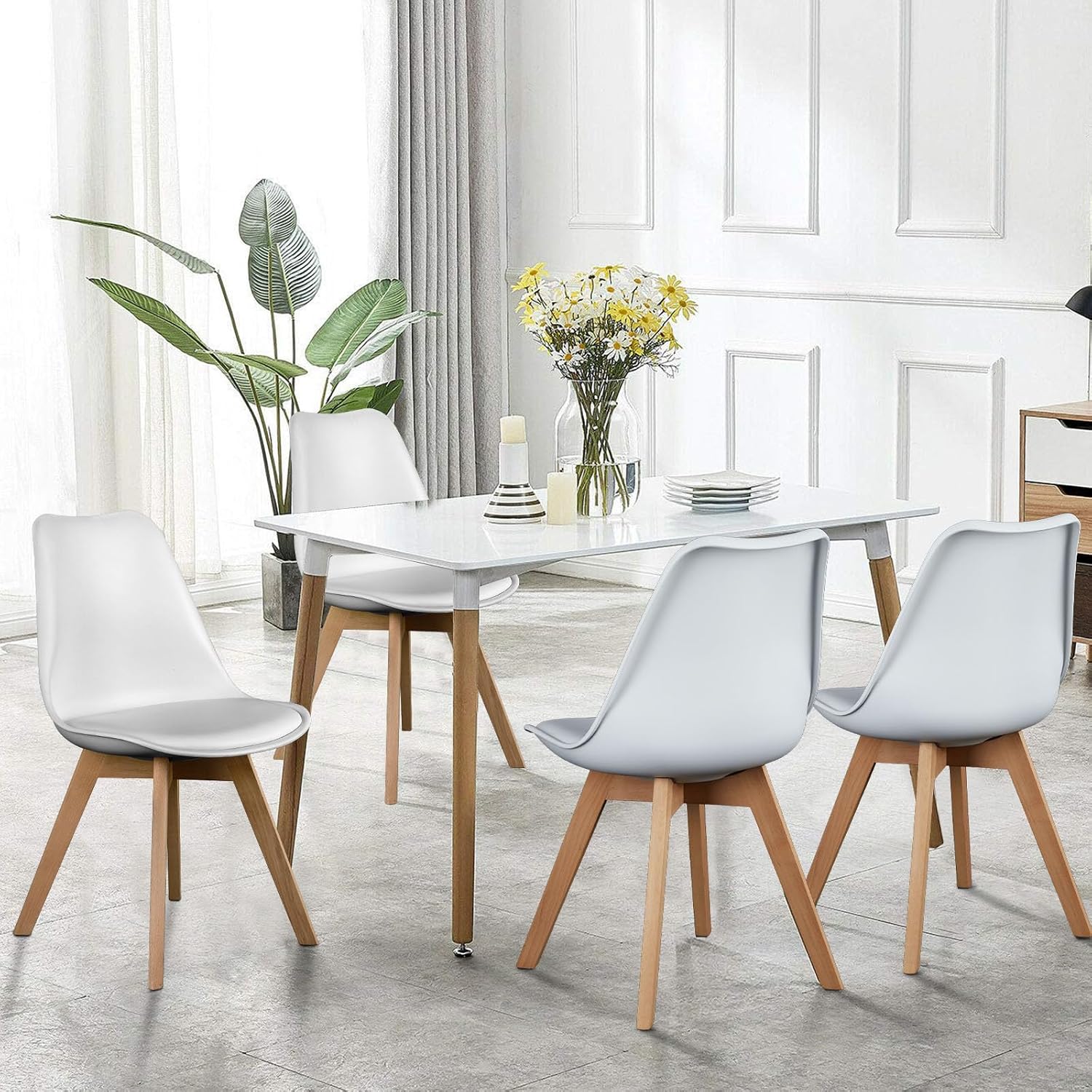 OLIXIS Dining Chairs Set of 4, Mid Century Modern Accent Chairs with Curved Backrest and Wood Legs, PU Leather Upholstered Kitchen Side Chair for Living Room, Bedroom, Outdoor Patio, White — White / 4 PC (2)