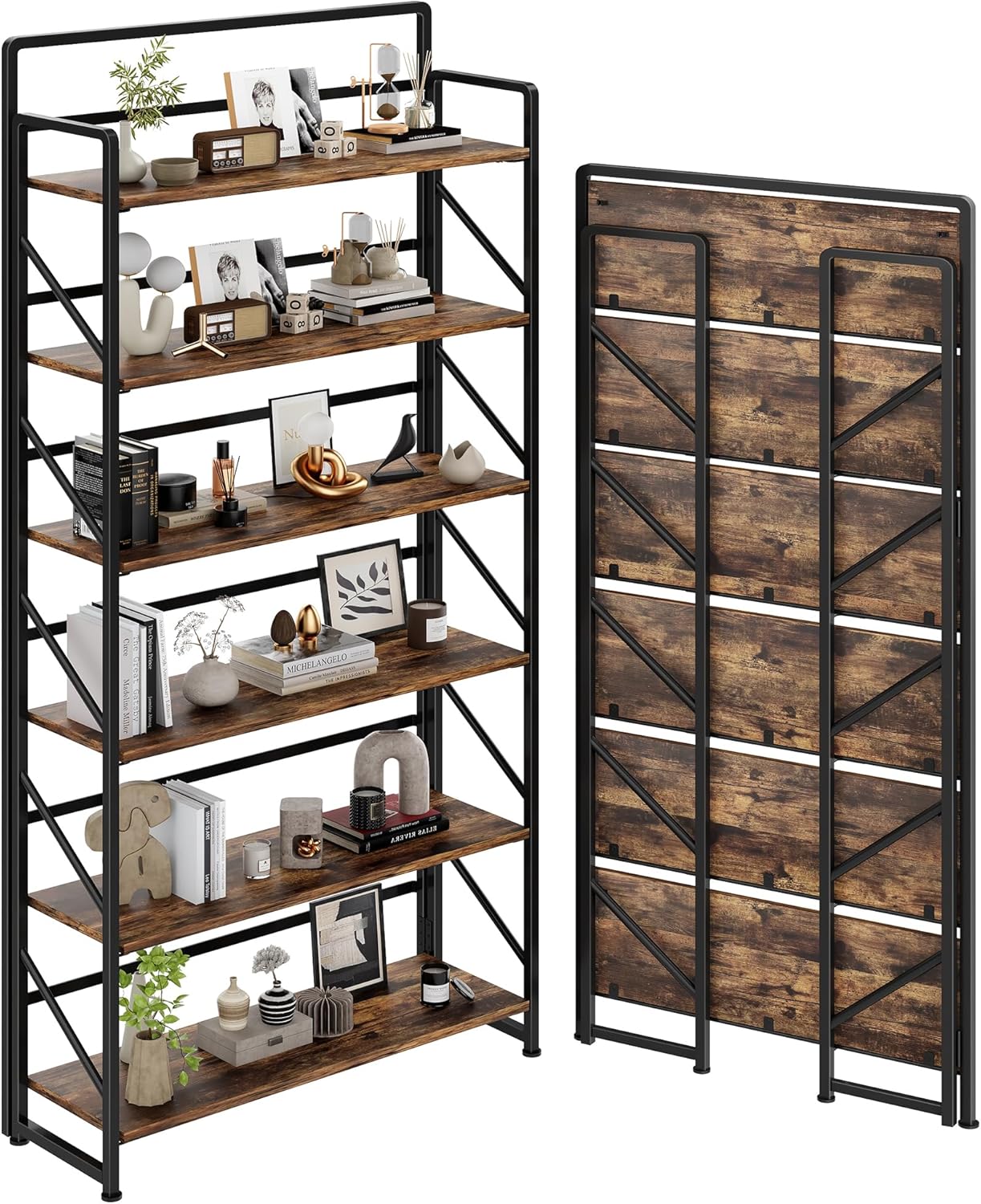 JSB No Assembly Folding Bookshelf, 4 Tier Industrial Metal Book Shelf for Storage, Vintage Wood Foldable Bookcase for Living Room, Bedroom, Office Organization Shelves — Fire Brown / Wide 6-Tier