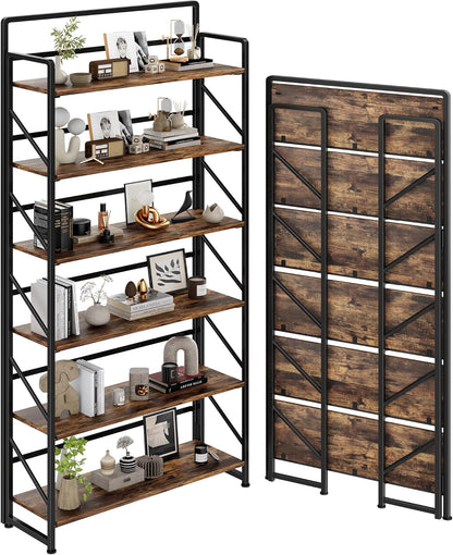 JSB No Assembly Folding Bookshelf, 4 Tier Industrial Metal Book Shelf for Storage, Vintage Wood Foldable Bookcase for Living Room, Bedroom, Office Organization Shelves — Fire Brown / Wide 6-Tier