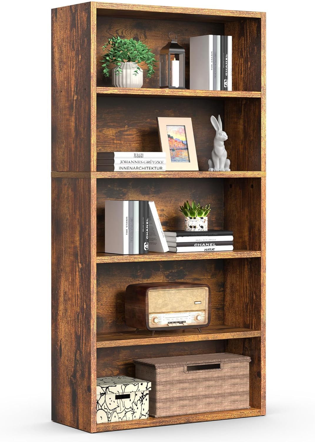 Sweetcrispy 5 Shelf Bookcase Open Display Bookshelf Storage Organizer | 53 Inches Tall Book Shelf Floor Standing Corner Unit, Living Room, Home Office, Kitchen, Bedroom, Rustic Brown Wood — Brown / 5 Shelf