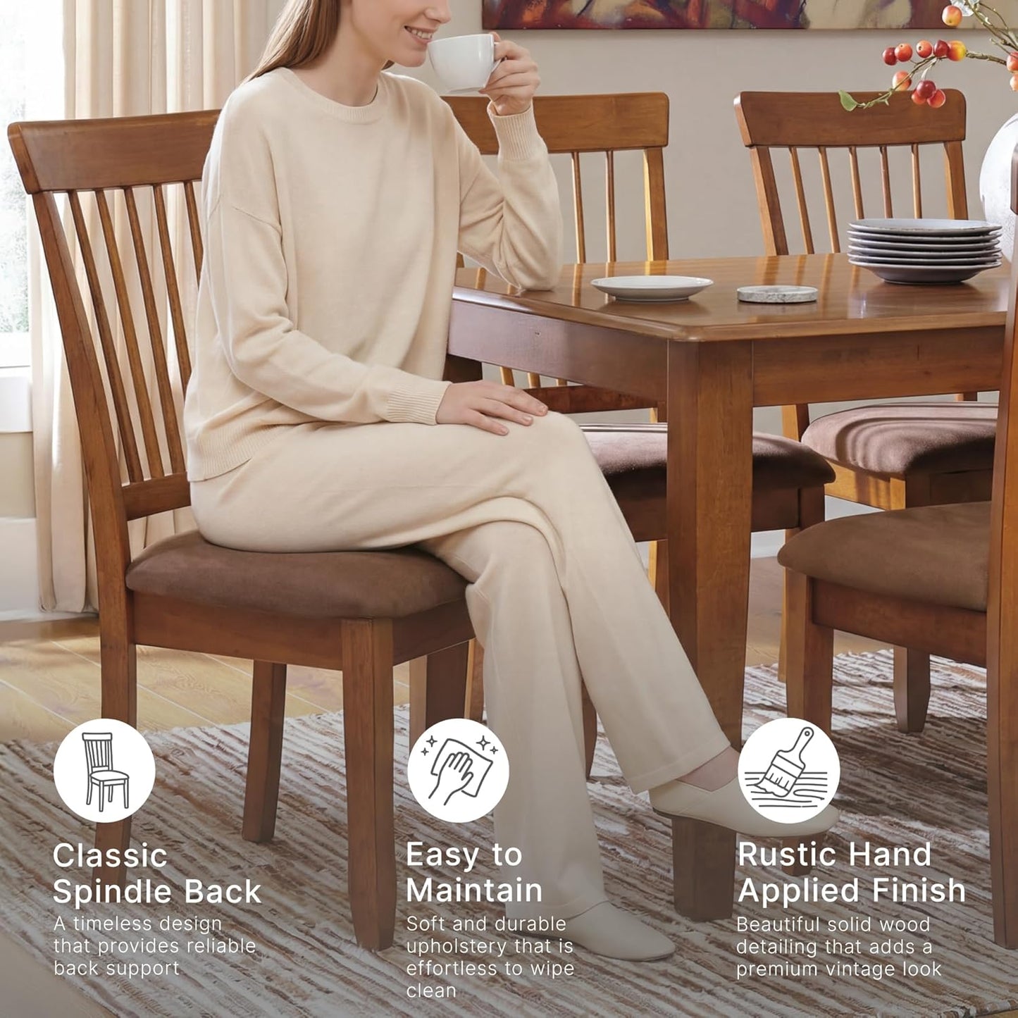 Signature Design by Ashley Berringer | Spindle Back 18" Dining Chairs (Set of 2) – Rustic Light Brown with Upholstered Cushioned Seat — Light Brown (9)