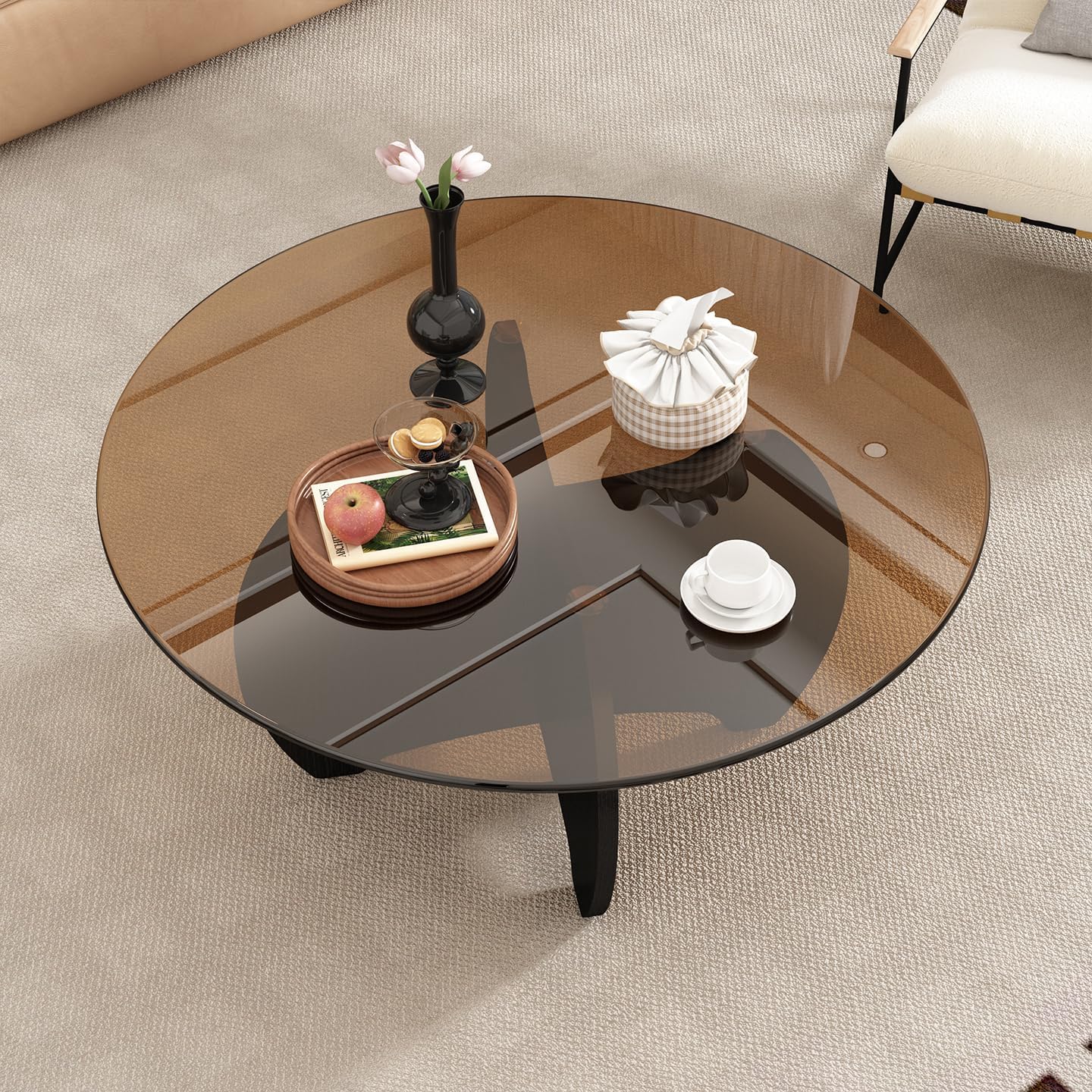 31.5'' Round Coffee Table with Tempered Glass Top, Modern Center Table for Small Spaces - Sturdy Black Board Frame, Simple Design for Living Room, Home, Office - Easy Assembly. — Black (3)