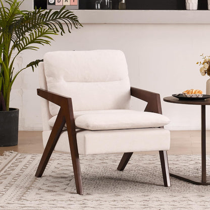 Mid-Century Modern Accent Chair with Solid Wood Frame，Upholstered Chenille Living Room Arm Chairs with Pillow for Bedroom, Living Room, Balcony, Reading Room, Green — 1 / Beige