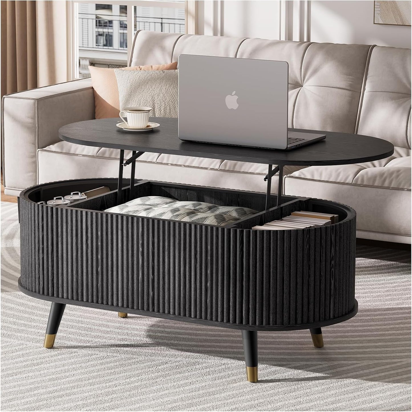 JOINICE 31.5" Round Coffee Table with Storage for Living Room, Walnut | Hidden Storage,Fluted Sliding Door,Mid Century Furniture for Small Apartments,Solid Wood Legs,Easy Assembly,Up to 110 lbs — Black_oval