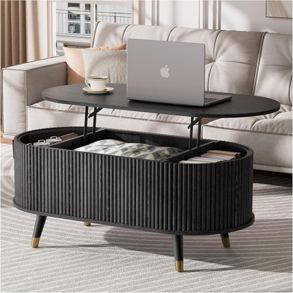 JOINICE 31.5" Round Coffee Table with Storage for Living Room, Walnut | Hidden Storage,Fluted Sliding Door,Mid Century Furniture for Small Apartments,Solid Wood Legs,Easy Assembly,Up to 110 lbs — Black_oval
