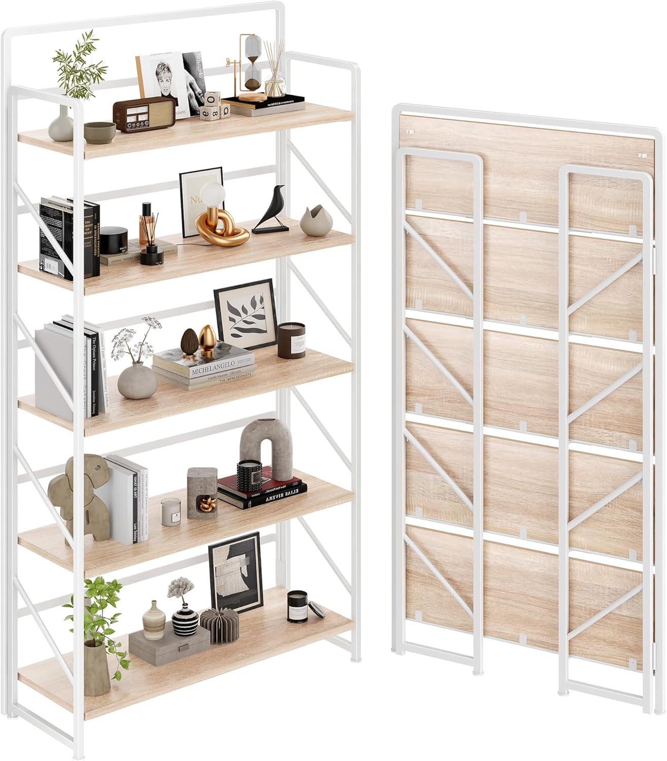 JSB No Assembly Folding Bookshelf, 4 Tier Industrial Metal Book Shelf for Storage, Vintage Wood Foldable Bookcase for Living Room, Bedroom, Office Organization Shelves — White / Wide 5-Tier