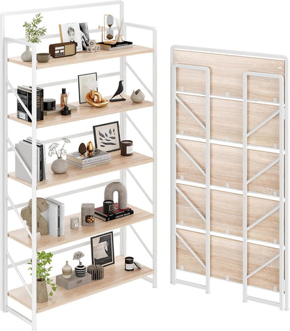JSB No Assembly Folding Bookshelf, 4 Tier Industrial Metal Book Shelf for Storage, Vintage Wood Foldable Bookcase for Living Room, Bedroom, Office Organization Shelves — White / Wide 5-Tier