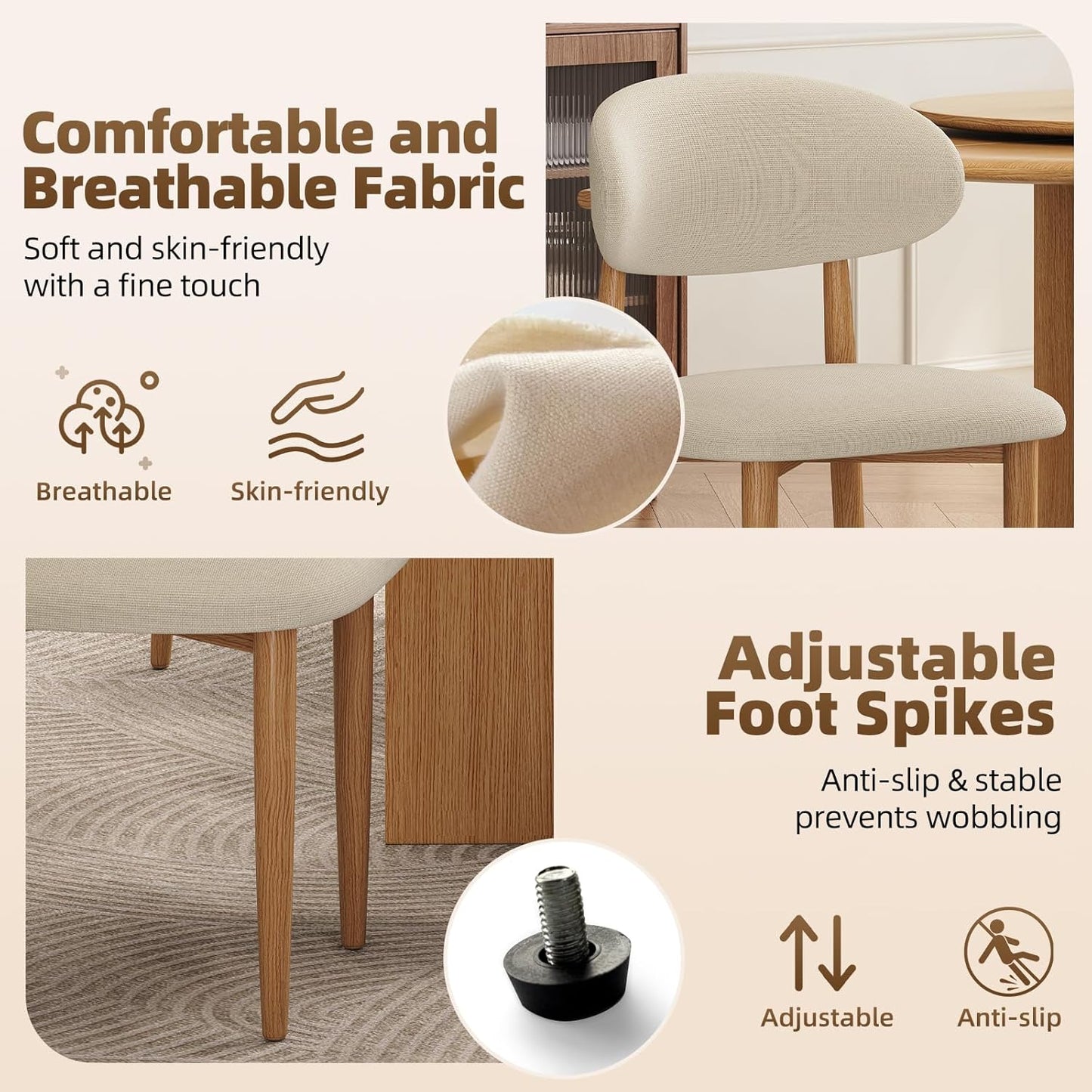 Dining Chairs Set of 4, Modern Fabric Upholstered Dining Room Chair MetalKitchen Chairs, Farmhouse Dinner Chair for Kitchen Dining Room, Beige — Beige Seat /Wood-grain Metal Legs / 4 (5)