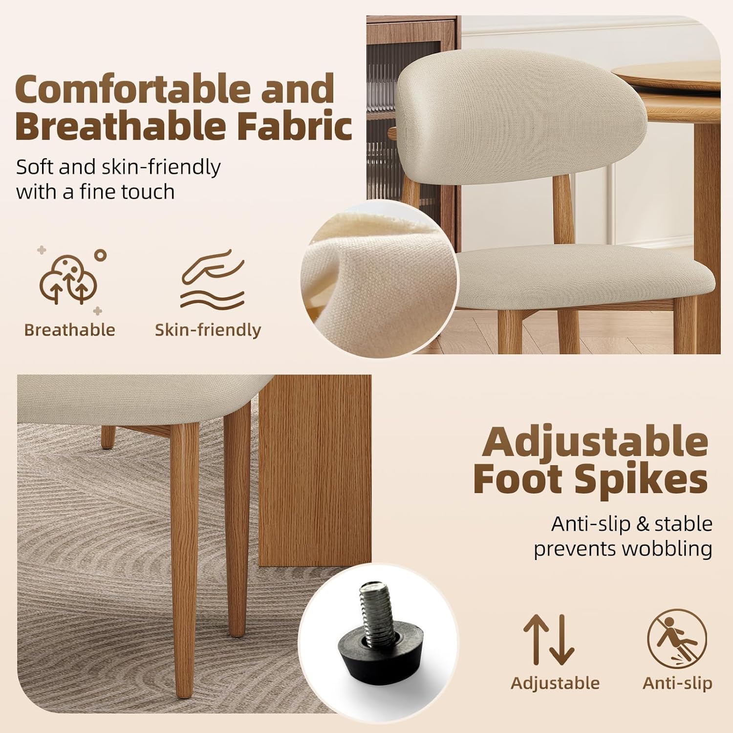 Dining Chairs Set of 4, Modern Fabric Upholstered Dining Room Chair MetalKitchen Chairs, Farmhouse Dinner Chair for Kitchen Dining Room, Beige — Beige Seat /Wood-grain Metal Legs / 4 (5)