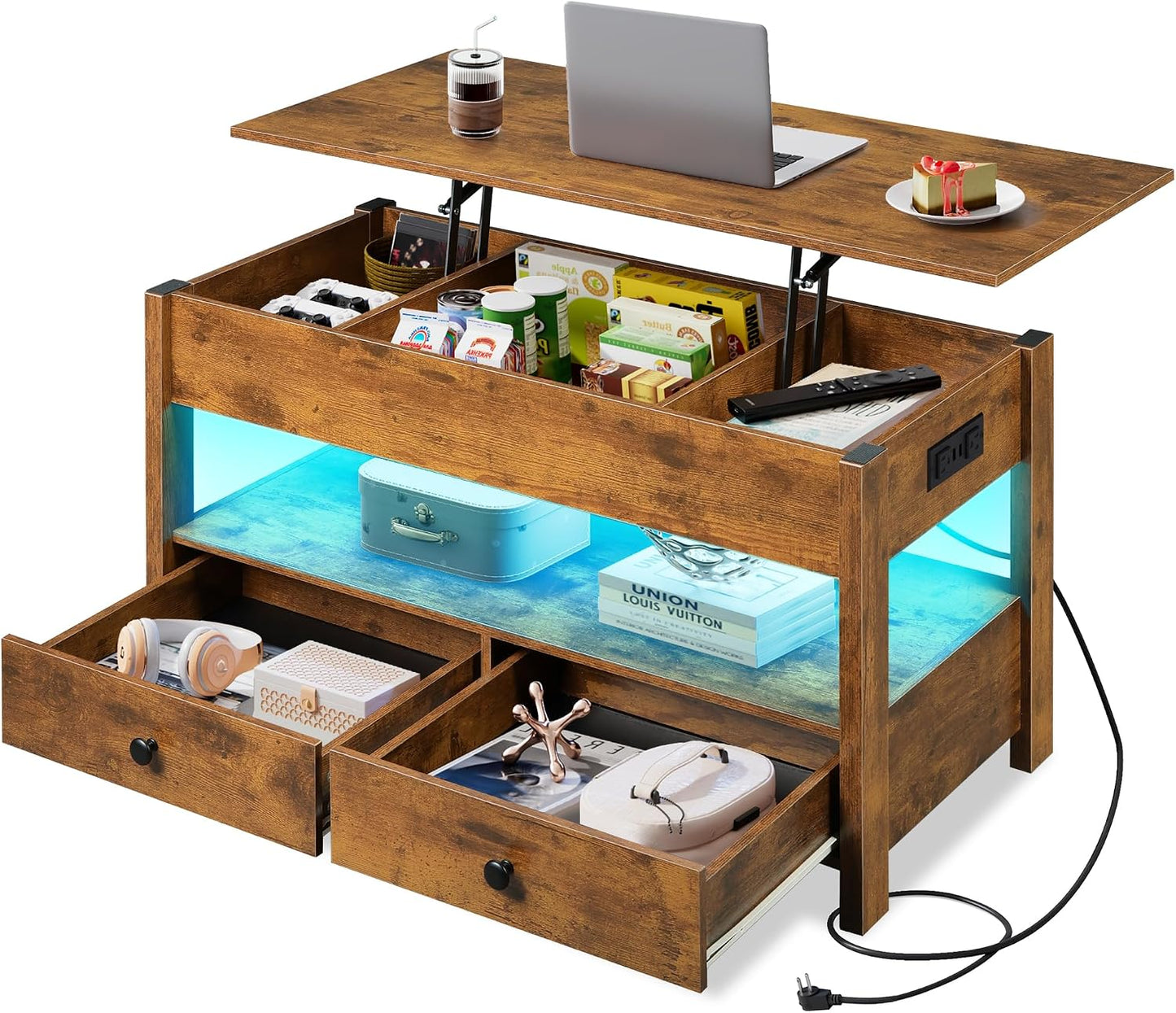 WLIVE Coffee Table with Lifting Top, Hidden Storage & Adjustable Shelf for Living Room Small Space, Multifunctional Rising Wooden Center Table, Mid Century Modern Tables for Home Dining Office, Brown — Rustic Brown / 39.4" With Drawers