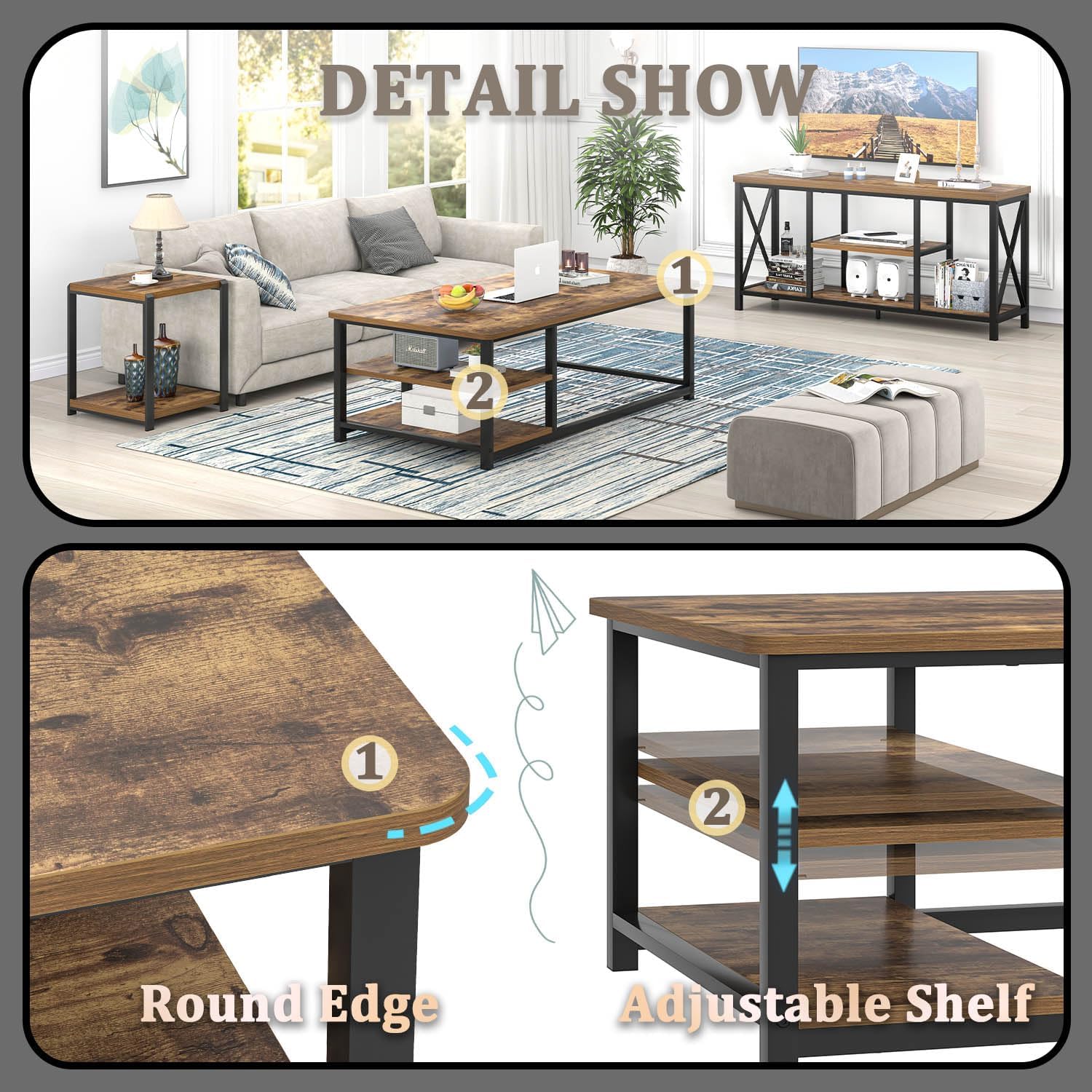 EXCEFUR Modern Coffee Table, Rustic Wood and Metal Living Room Table with Storage Shelf, Industrial Brown, 47 Inch — Rustic Brown (5)