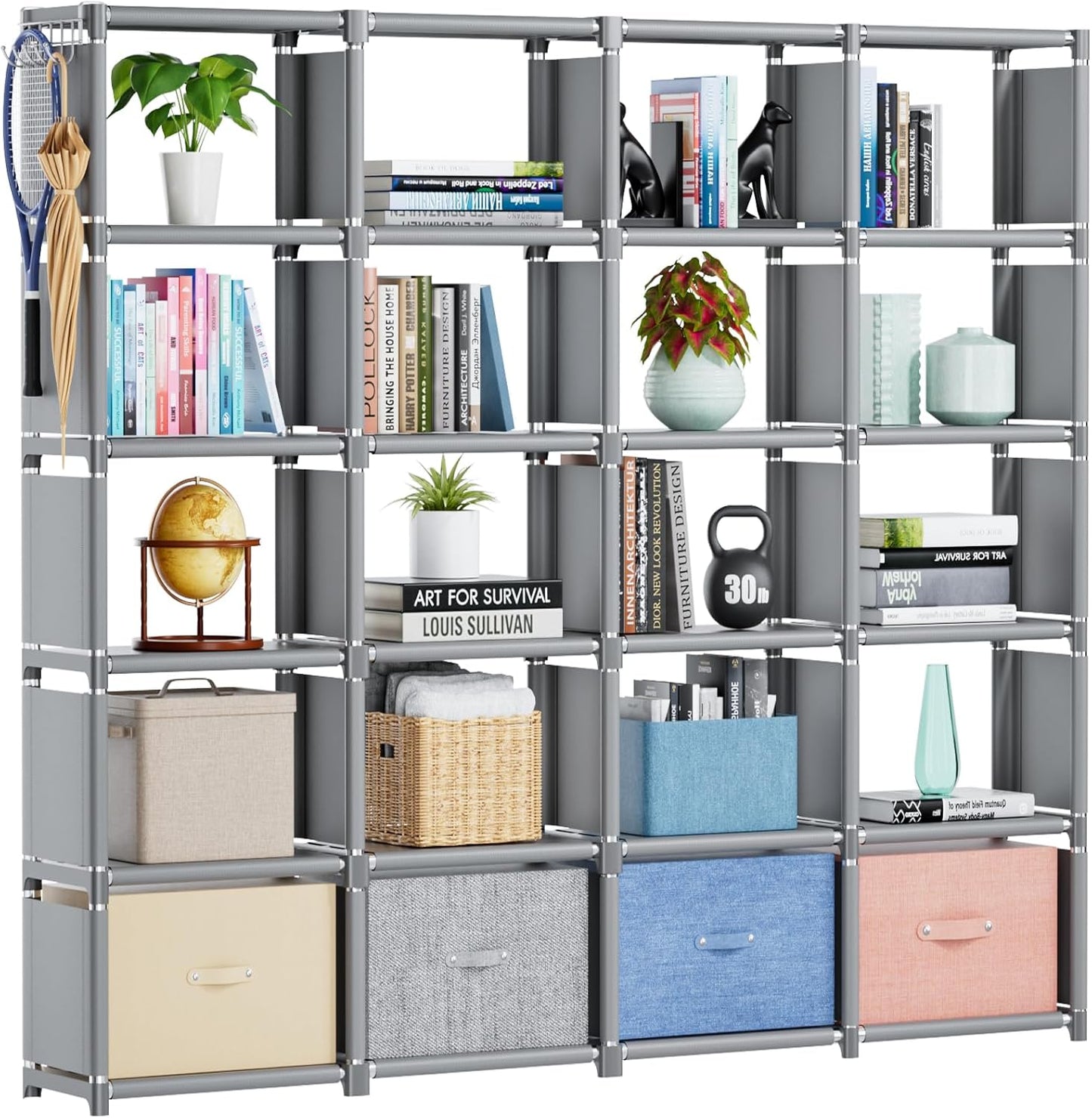 Mavivegue Book Shelf, 12 Cube Storage Organizer, DIY Bookcase, Metal Bookshelf,Tall Book case for Bedroom, Living Room,Office,Closet, Black Cubicle Rack — Grey / 20-Grid