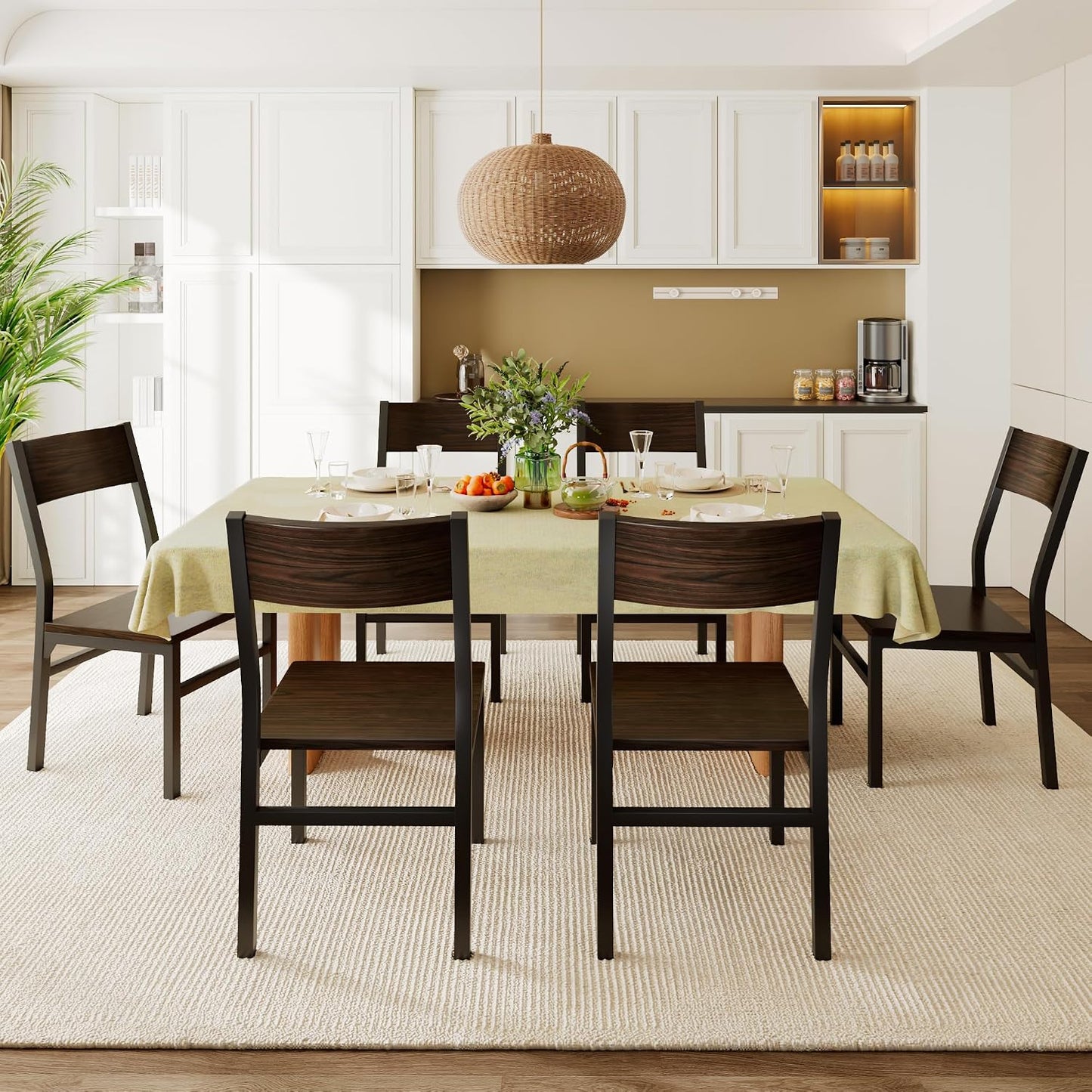 Feonase Dining Chairs Set of 6, Modern Kitchen Chairs with Ergonomic Backrest, MDF Board and Metal Legs, Dinner Chairs for Dining Room, Kitchen and Living Room, Walnut — Espresso