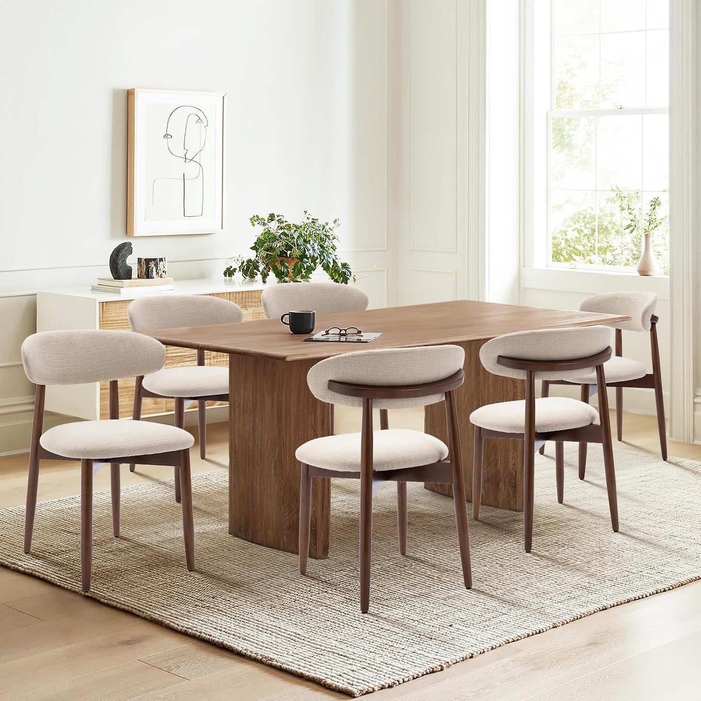 COLAMY Wooden Dining Chairs Set of 4, Modern Fabric Upholstered Kitchen Side Chairs, Farmhouse Dining Room Chair with Foot Pegs, Beige — Beige / Set of 6