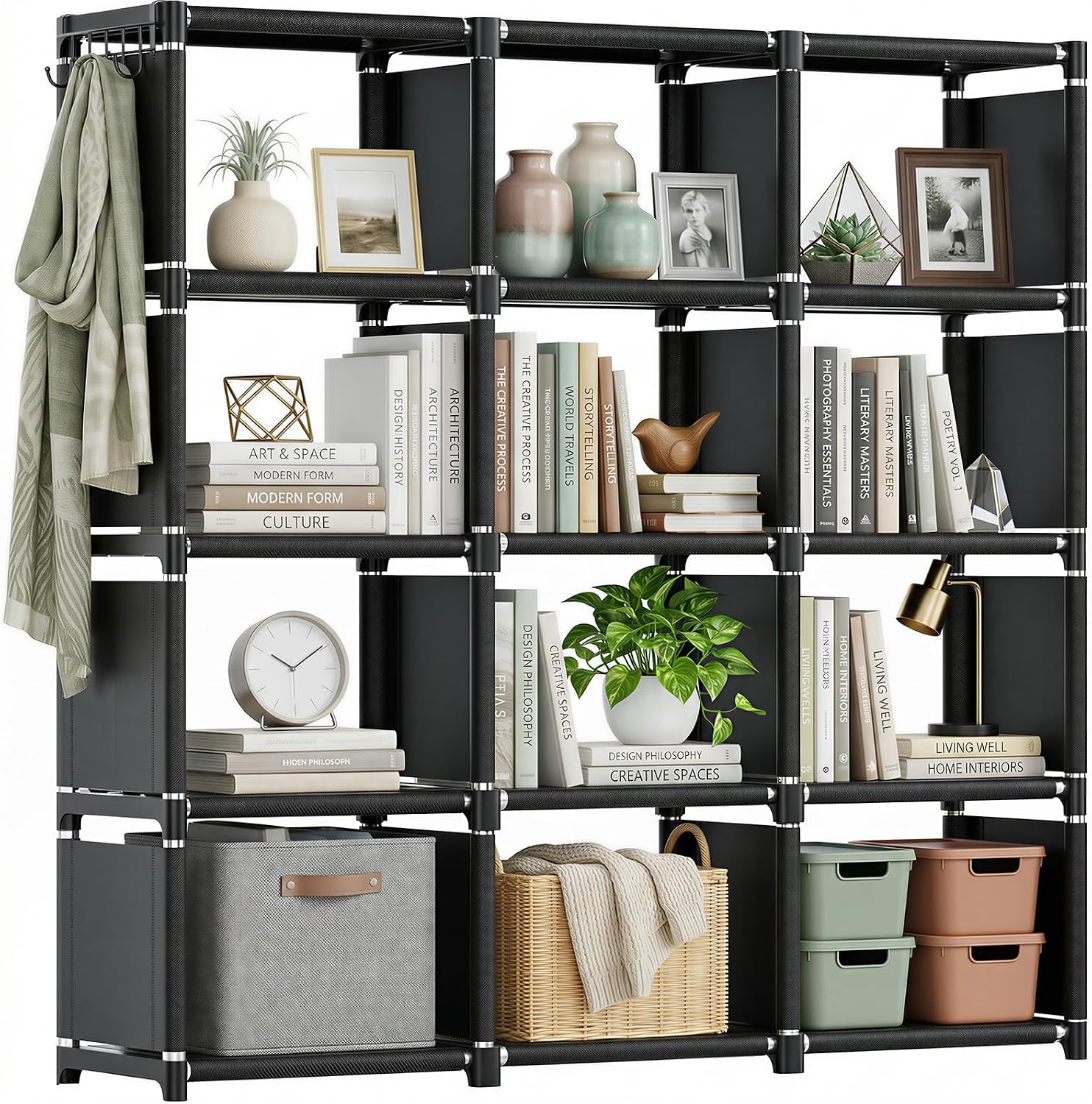 Mavivegue Book Shelf, 12 Cube Storage Organizer, DIY Bookcase, Metal Bookshelf,Tall Book case for Bedroom, Living Room,Office,Closet, Black Cubicle Rack — Black / 12-Grid