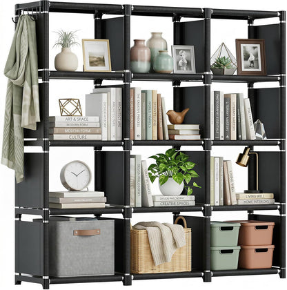 Mavivegue Book Shelf, 12 Cube Storage Organizer, DIY Bookcase, Metal Bookshelf,Tall Book case for Bedroom, Living Room,Office,Closet, Black Cubicle Rack — Black / 12-Grid