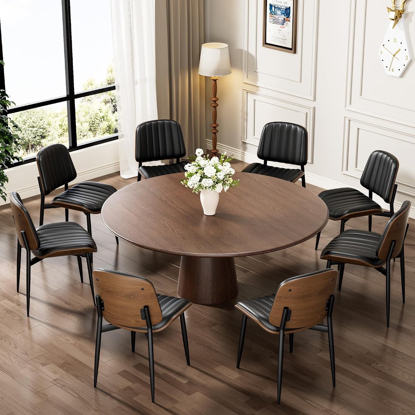 Dining Chairs Set of 4, Mid-Century Modern Upholstered PU Leather Chairs | with Walnut Bentwood Back and Metal Legs Adjustable Feet for Kitchen Dining Room, Camel Shell Strips — Dark Black Vertical Stripes / 8