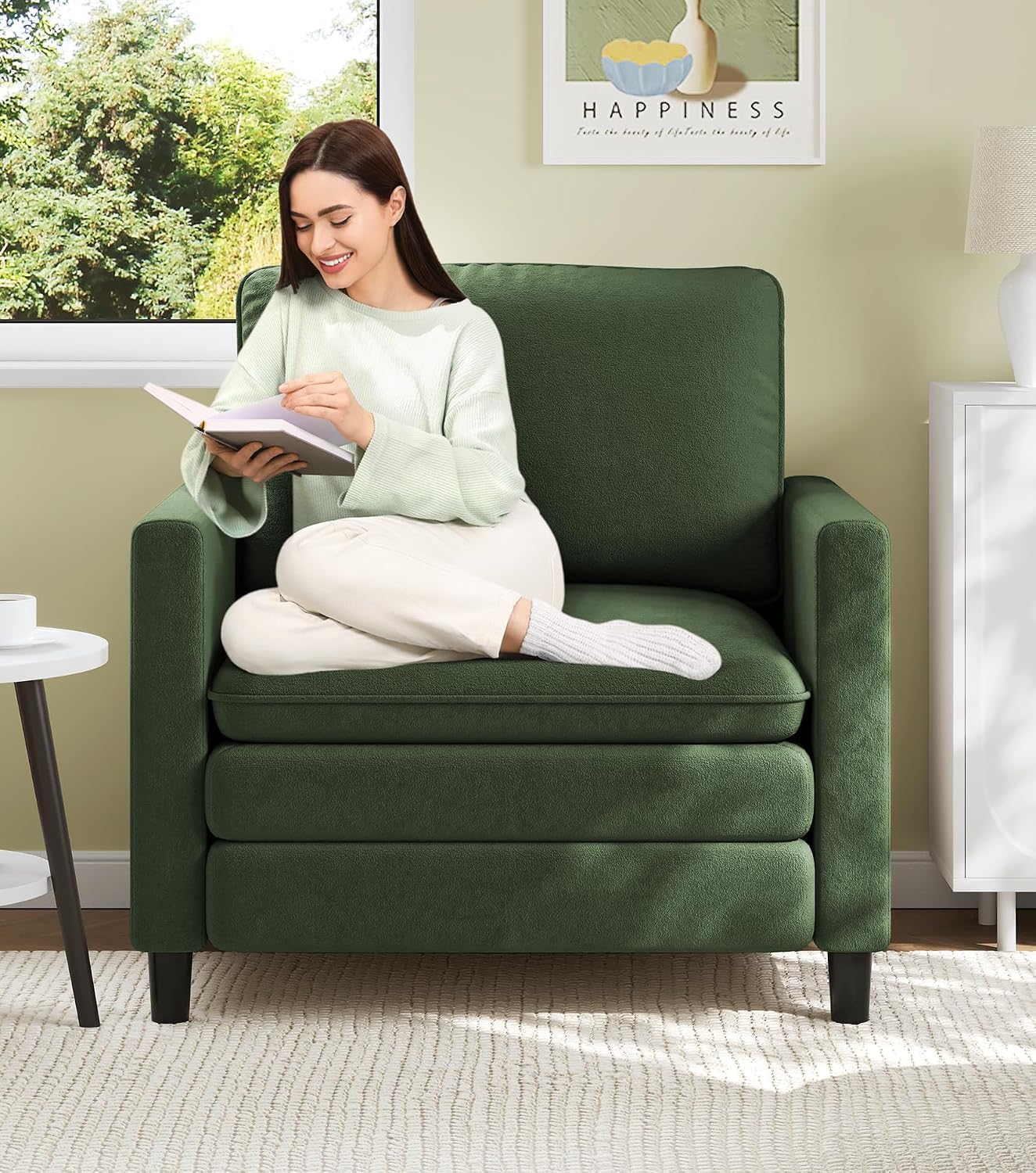 Welzona Sofa Accent Chair, 33" Reading Chair for Bedroom, Tool-Free Setup Living Room Accent Chairs, Comfy Arm Chairs Living Room, All-Wood Reading Nook, Beige — Green / Standard