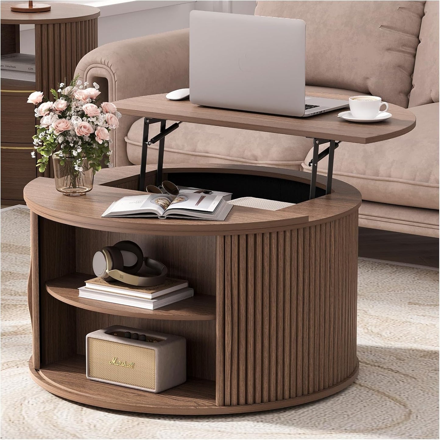 JOINICE 31.5" Round Coffee Table with Storage for Living Room, Walnut | Hidden Storage,Fluted Sliding Door,Mid Century Furniture for Small Apartments,Solid Wood Legs,Easy Assembly,Up to 110 lbs — Walnut_round (Lift Top)