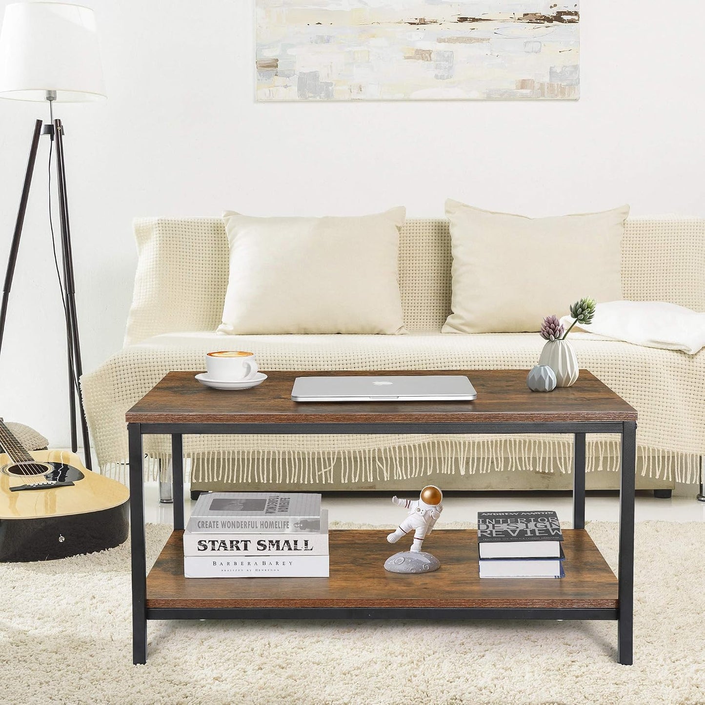 SUPER DEAL 2-Tier Industrial Coffee Table with Storage Shelf for Small Apartment Living Room, Rectangle Wood and Stable Metal TV Stand Side End Table, Rustic Brown — Rustic Brown / 31.5in (9)