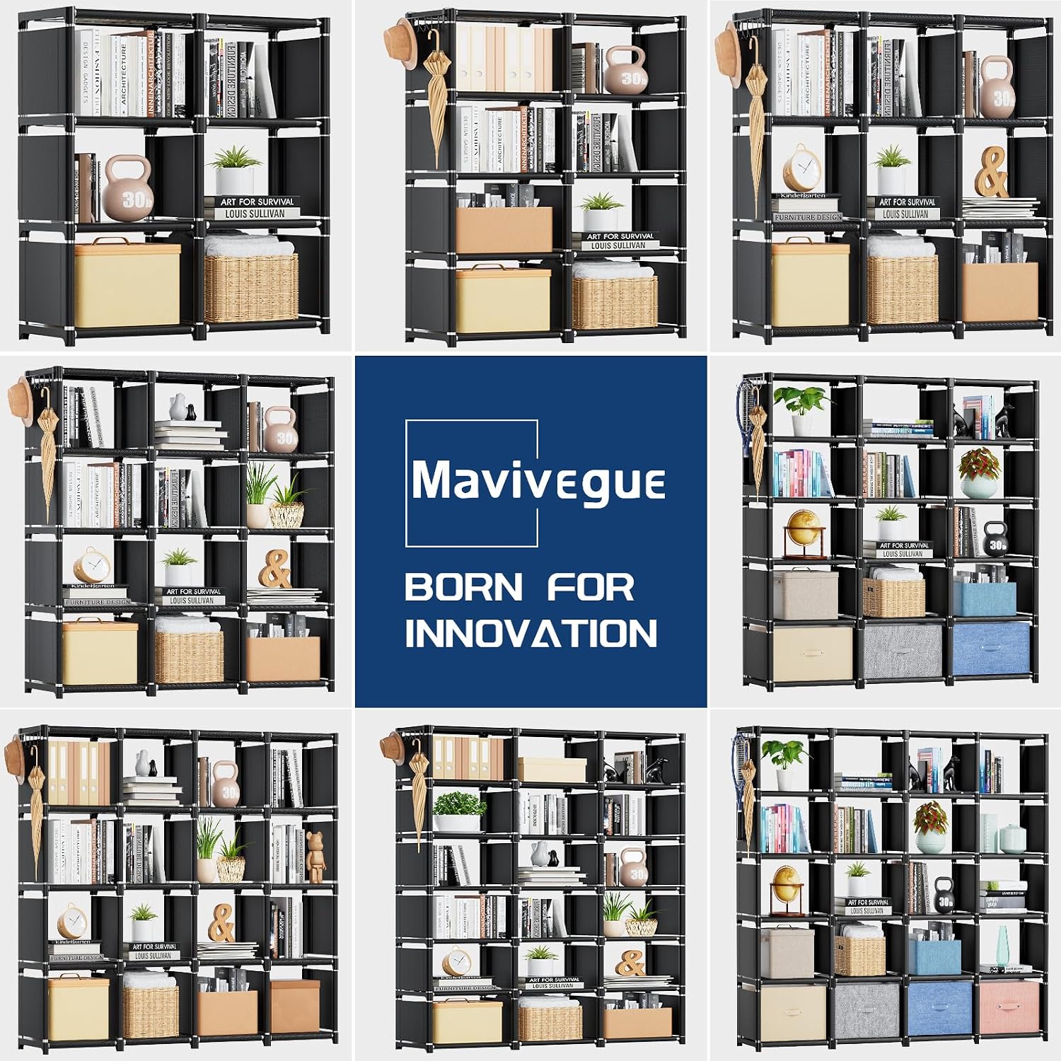 Mavivegue Bookcase, 18-Cube Extra Large Book Shelf, DIY Cube Storage Organizer for Bedroom, Living Room, Home Office - Black — Black / 18-Grid (7)