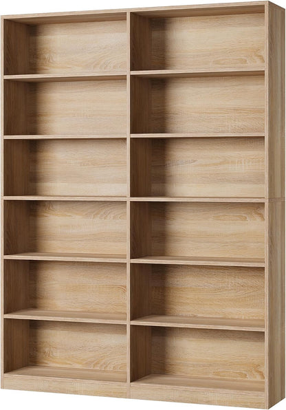 FACBOTALL Bookshelf and Bookcase, 6-Tier Double Wide Bookshelves,Freestanding Display Storage Shelves, Tall Bookcases for Home Decor Bedroom, Living Room, Home Office, Light Oak — Light Oak (7)