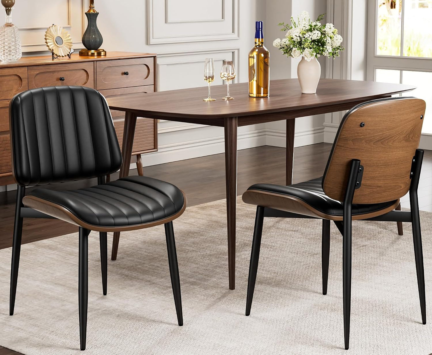 Dining Chairs Set of 4, Mid-Century Modern Upholstered PU Leather Chairs | with Walnut Bentwood Back and Metal Legs Adjustable Feet for Kitchen Dining Room, Camel Shell Strips — Dark Black Vertical Stripes / 2