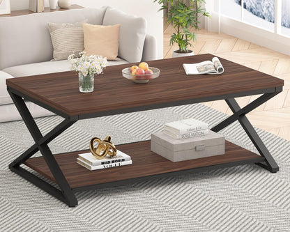 HSH Wood Coffee Table with Storage, Farmhouse Rustic Brown Coffee Table for Living Room, Modern Minimalist 2 Tier Center Table, Simple Rectangle Cocktail Tea Table in Home Office Bedroom, 39 Inch — 47 Inch / Walnut