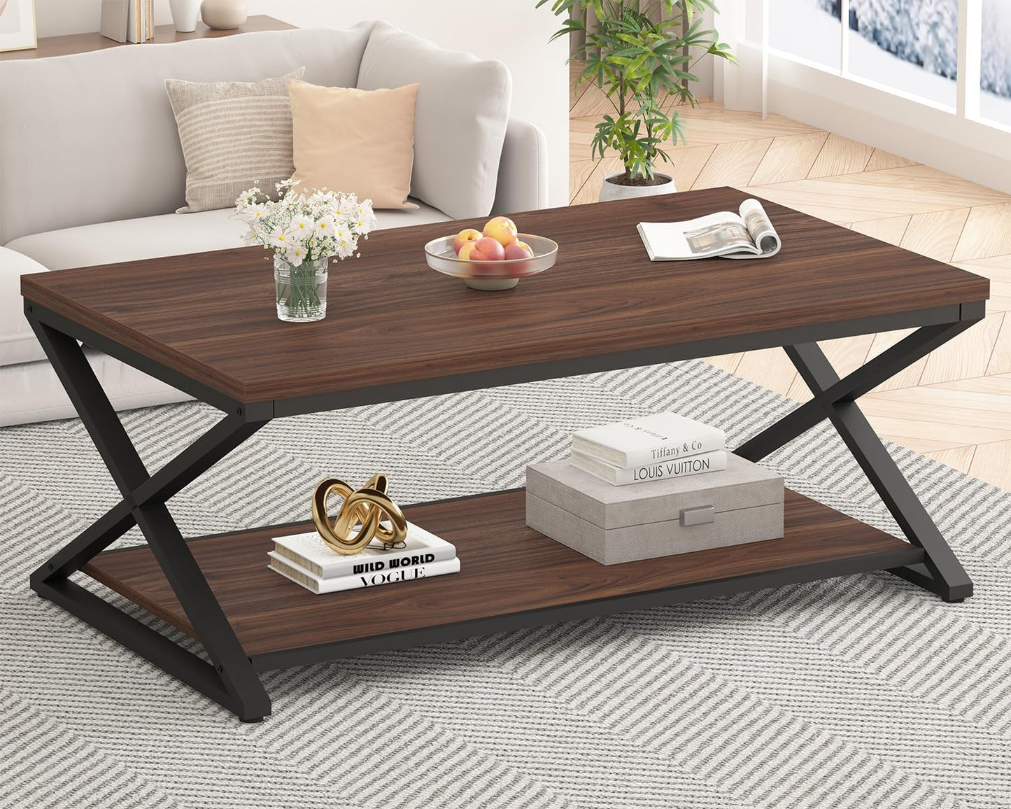 HSH Rustic Farmhouse Coffee Table, Modern Minimalist Wood and Metal Living Room Table, 2 Tie Rectangle Center Table with Storage & Display Shelf, Simple Office Cocktail Tea Table, Rustic Oak, 39 Inch — 47 Inch / Walnut