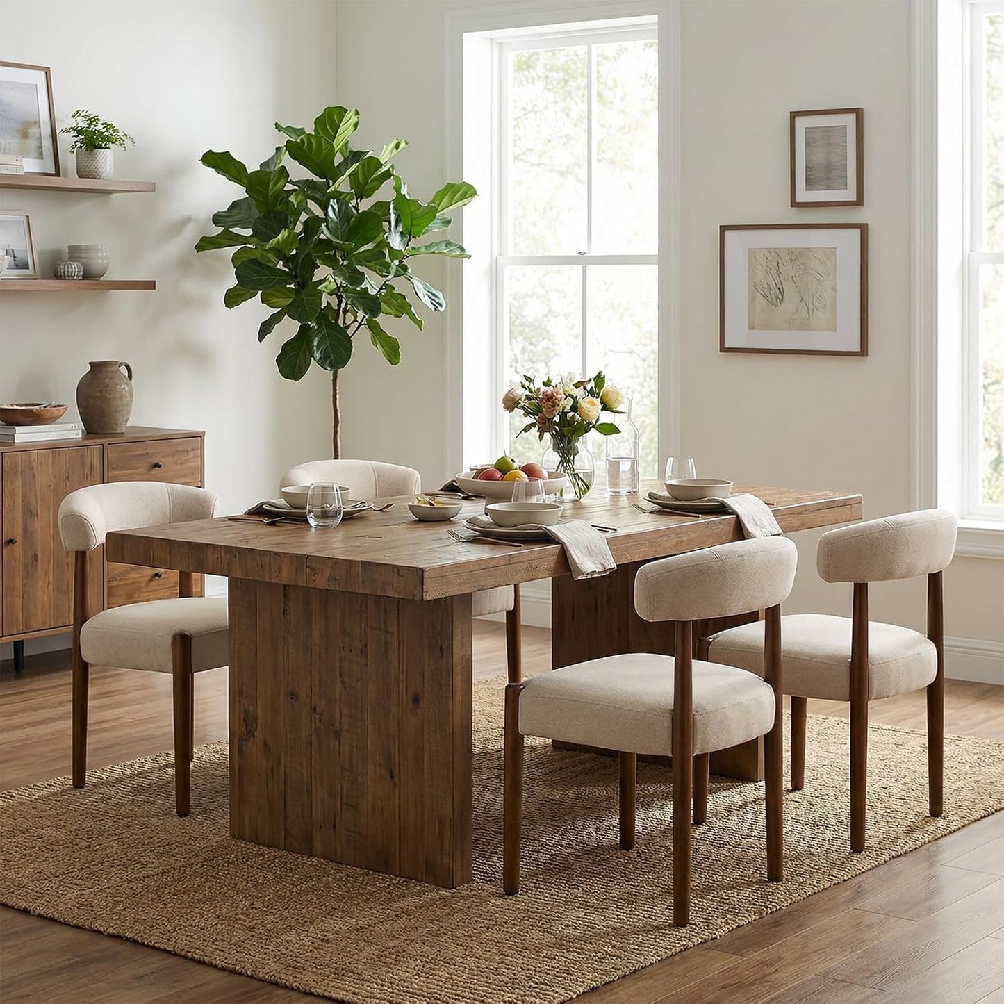 VKNOW Wooden Dining Chairs Set of 4, Modern Upholstered Dining Room Chairs with Walnut Wood Legs and Curved Backrest, Fabric Kitchen Chairs for Farmhouse/Living Room/Dining Room, Green — Set of 4 / Beige