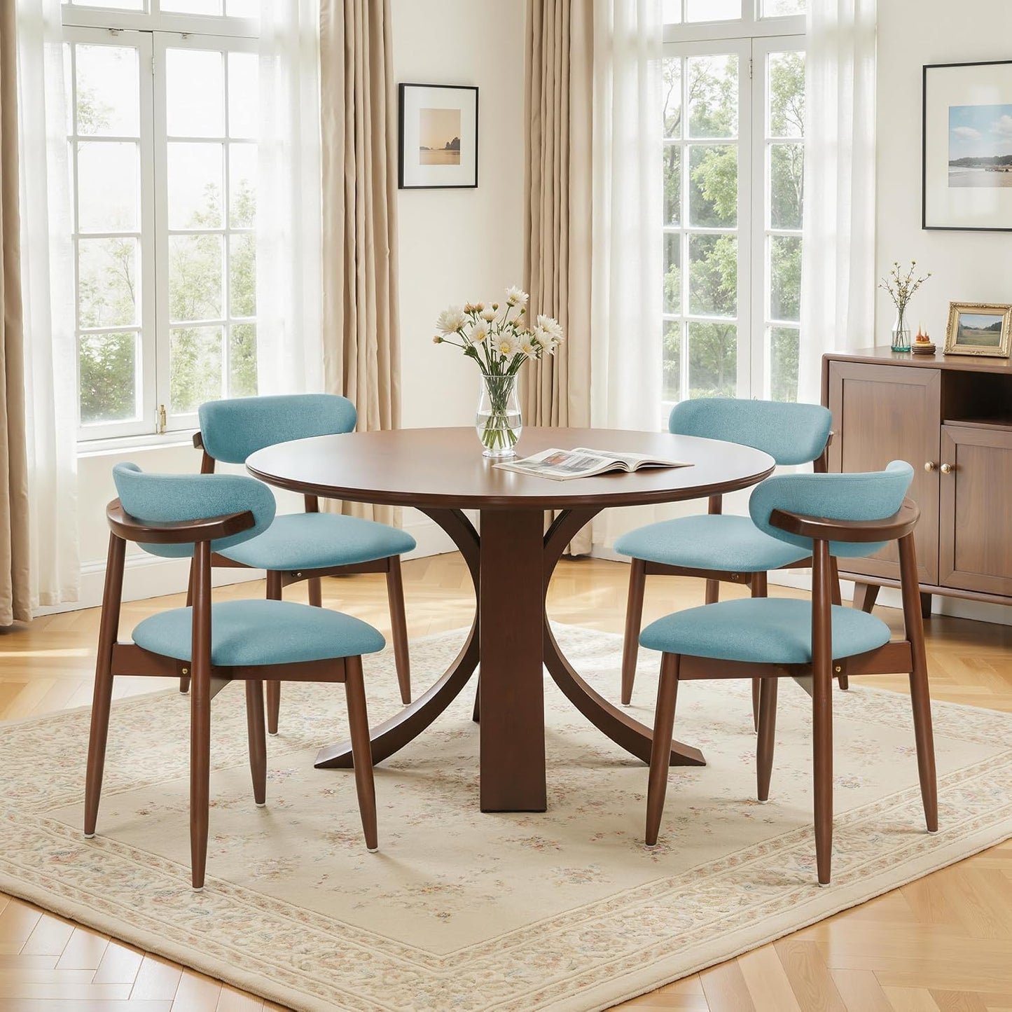 CHUN YI Dining Chairs Set of 4, Upholstered Wooden Dining Room Chairs, Mid Century Modern Fabric Kitchen Chair with Ergonomic Curved Backrest, Beige (Only Chairs) — Blue / Set of 4